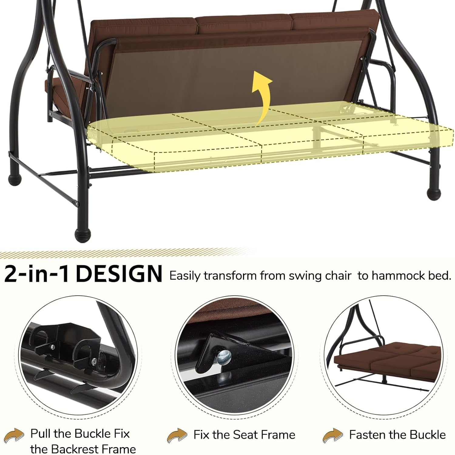 3 Seater Garden Swing Bed with Adjustable Canopy Brown