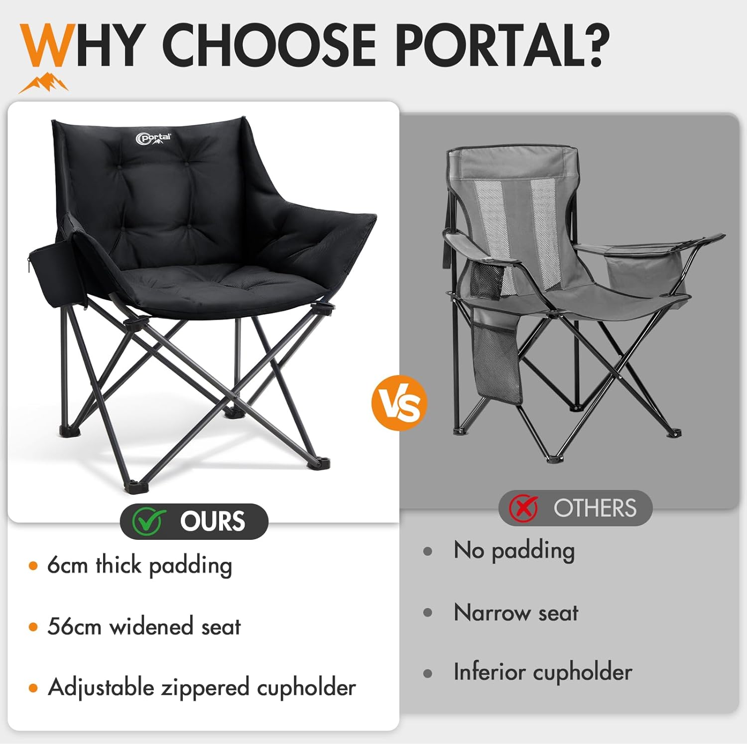 Padded Tub Camping Chair Wide Seat 150KG Black