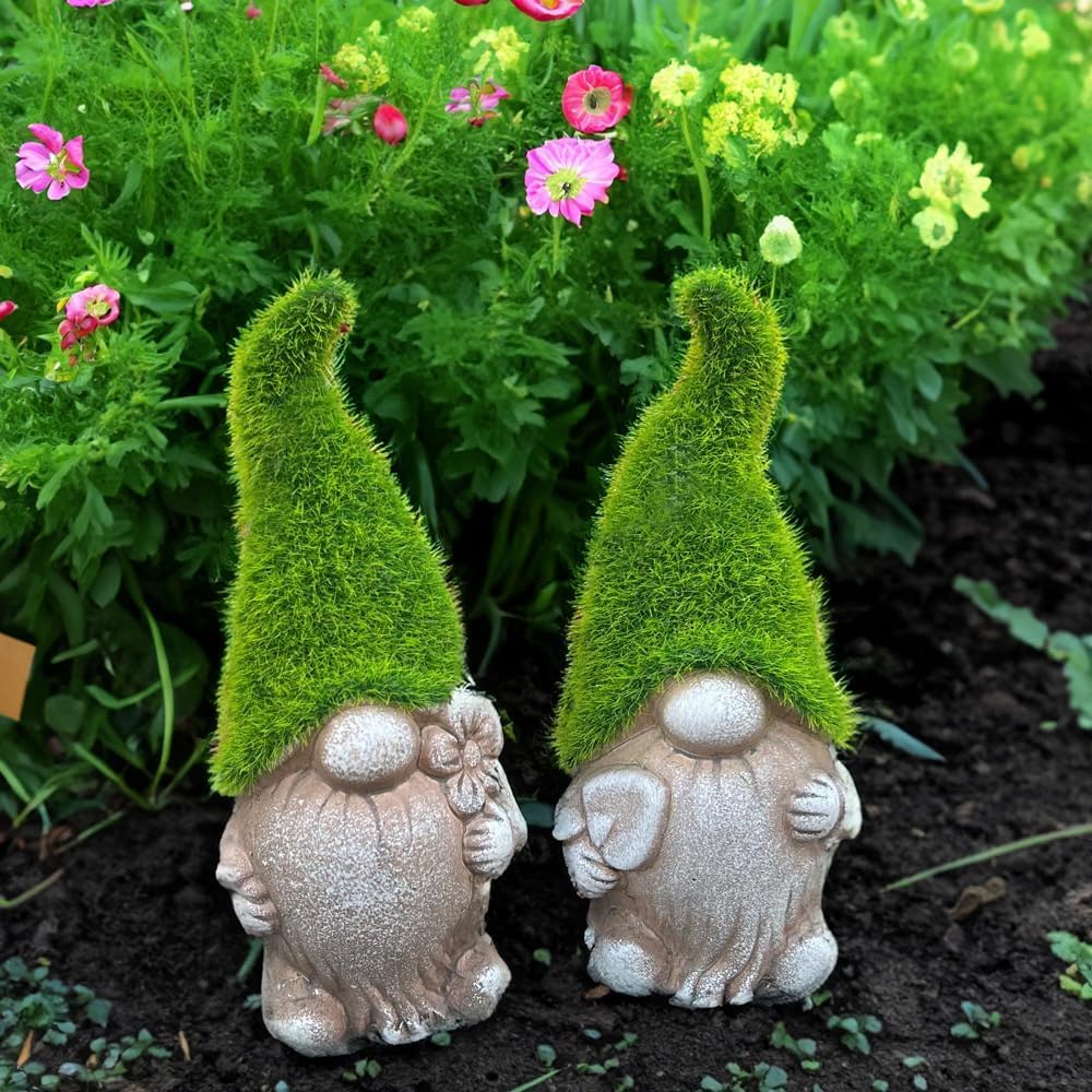 Set of 12 Garden Gnome Ornaments 7in Ceramic Stone Effect Flocked Hat