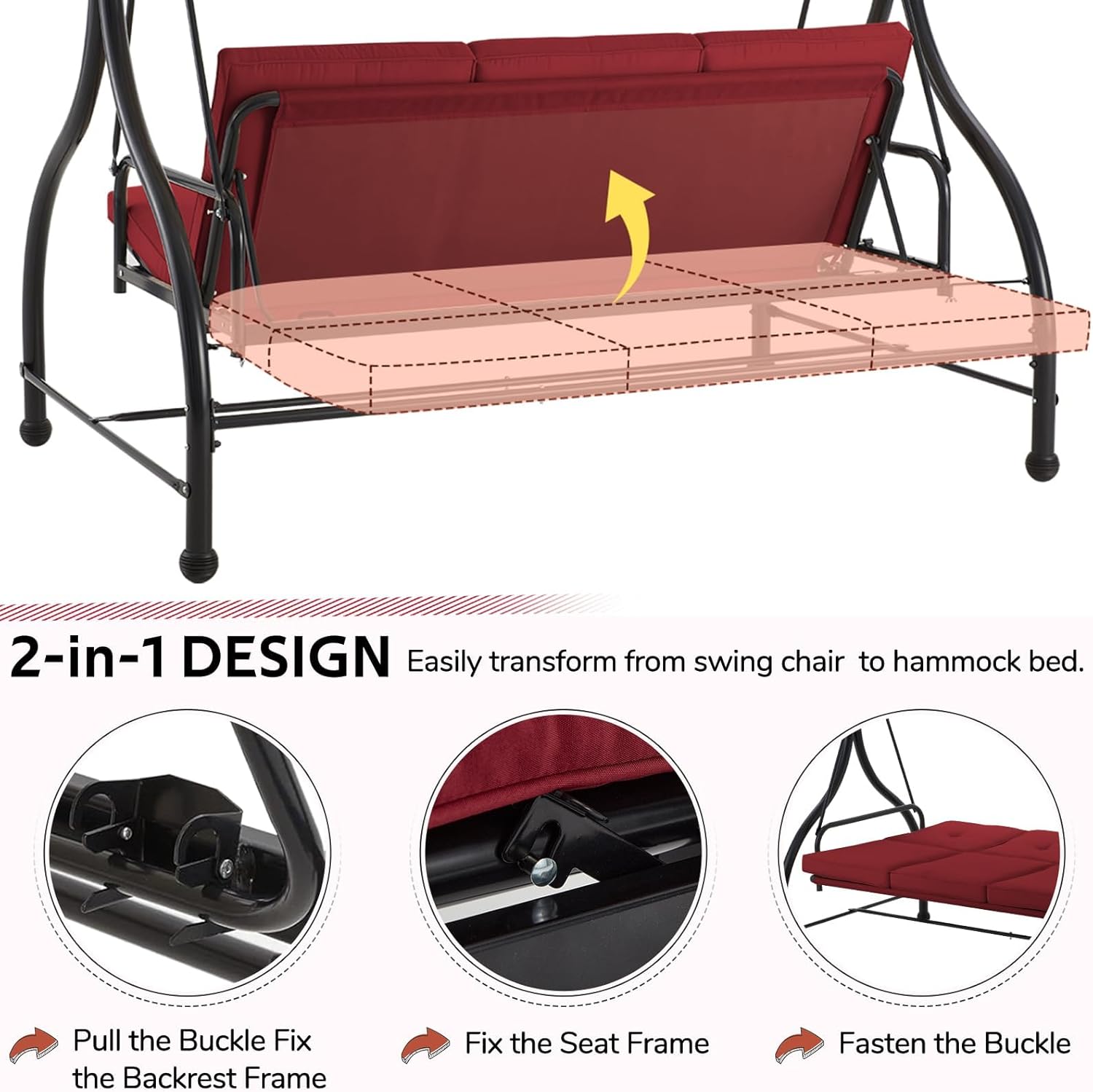 3 Seater Garden Swing Seat Bed Convertible Patio Hammock Chair Red