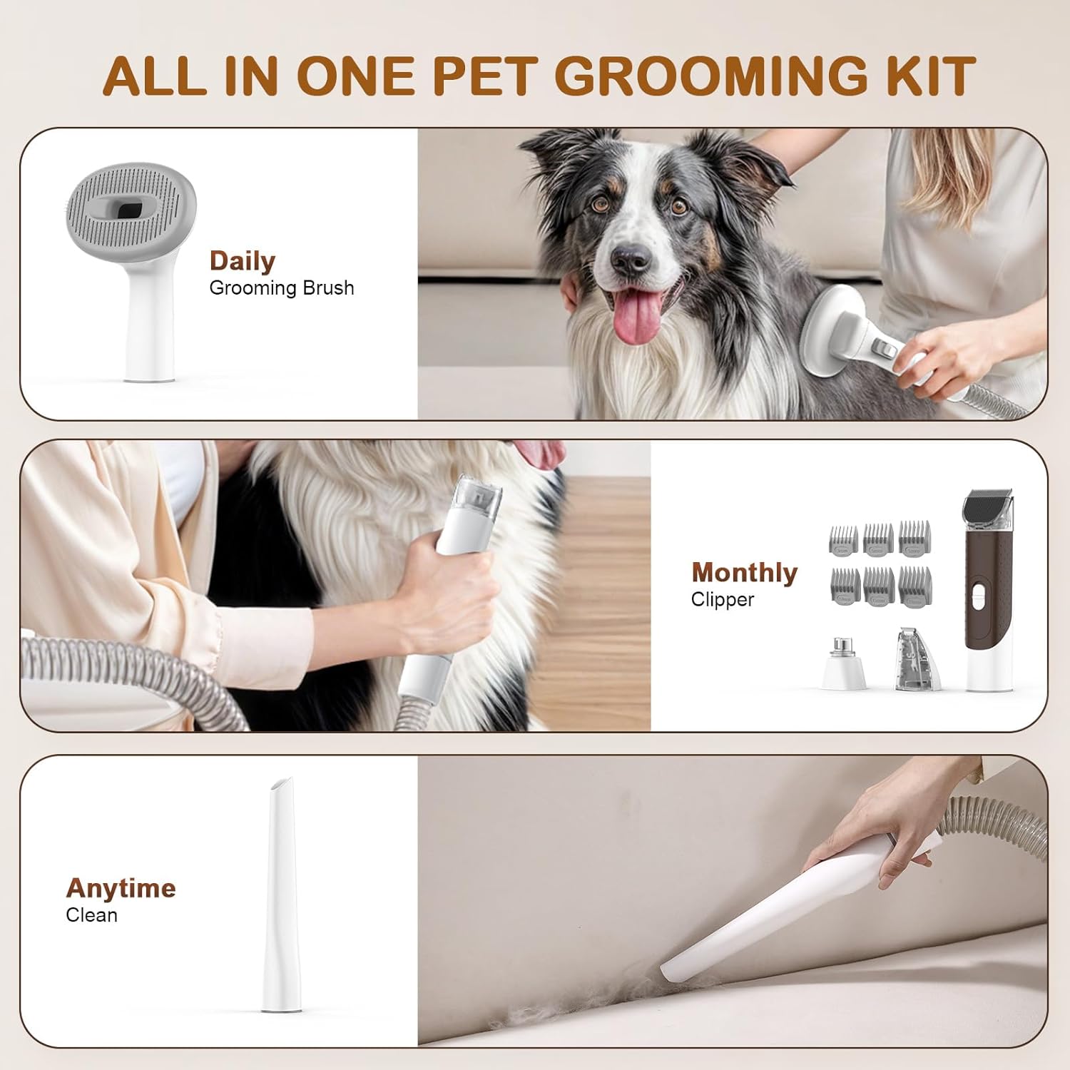 Dog Grooming Vacuum Kit 10000Pa 2L Nail Grinder Caramel