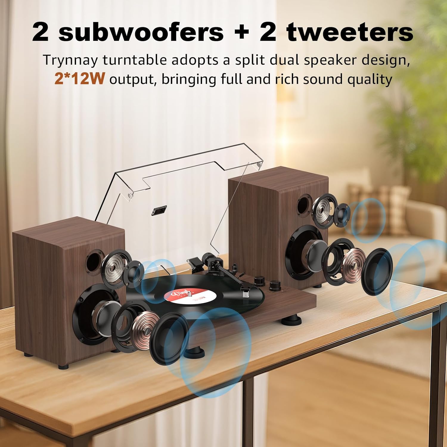 Bluetooth Vinyl Turntable Record Player 33/45 RPM Wood Speakers