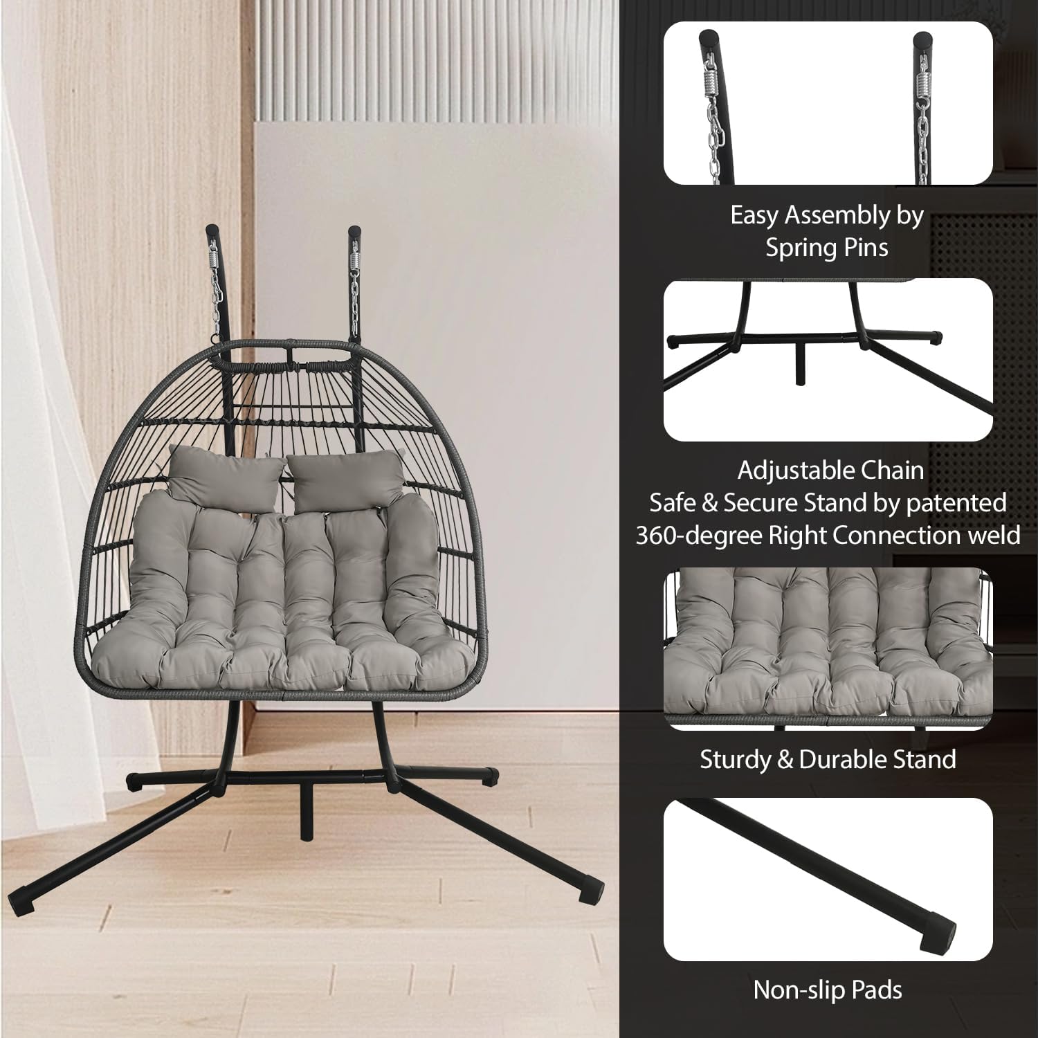 Double Egg Chair Swing Light Grey Rattan Stand Cushions