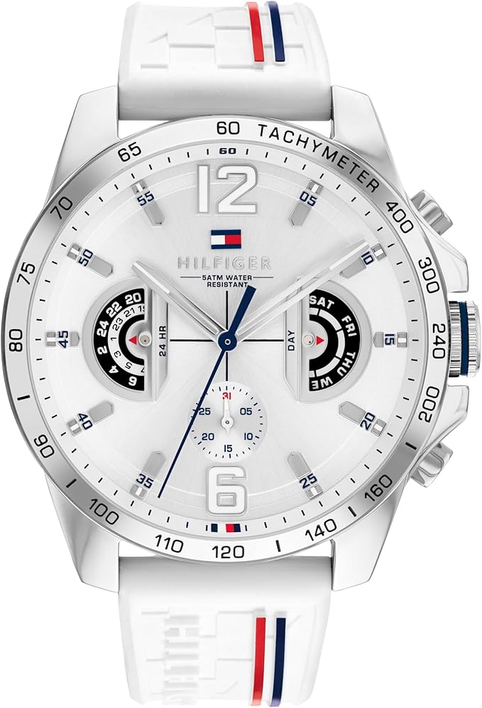 Mens Multifunction Quartz Watch White Dial Silicone Strap
