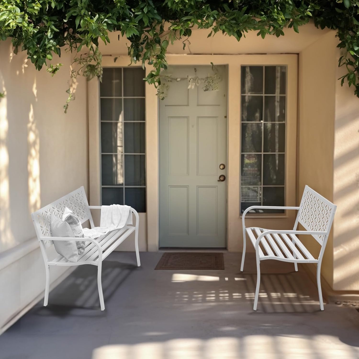 Metal Garden Bench 2-3 Seater Floral Back Outdoor Patio Seat White