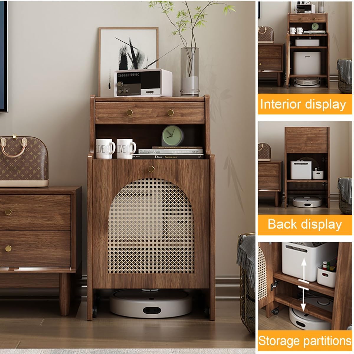 Robot Vacuum Storage Cabinet White Mobile Organizer Drawer Rattan Door