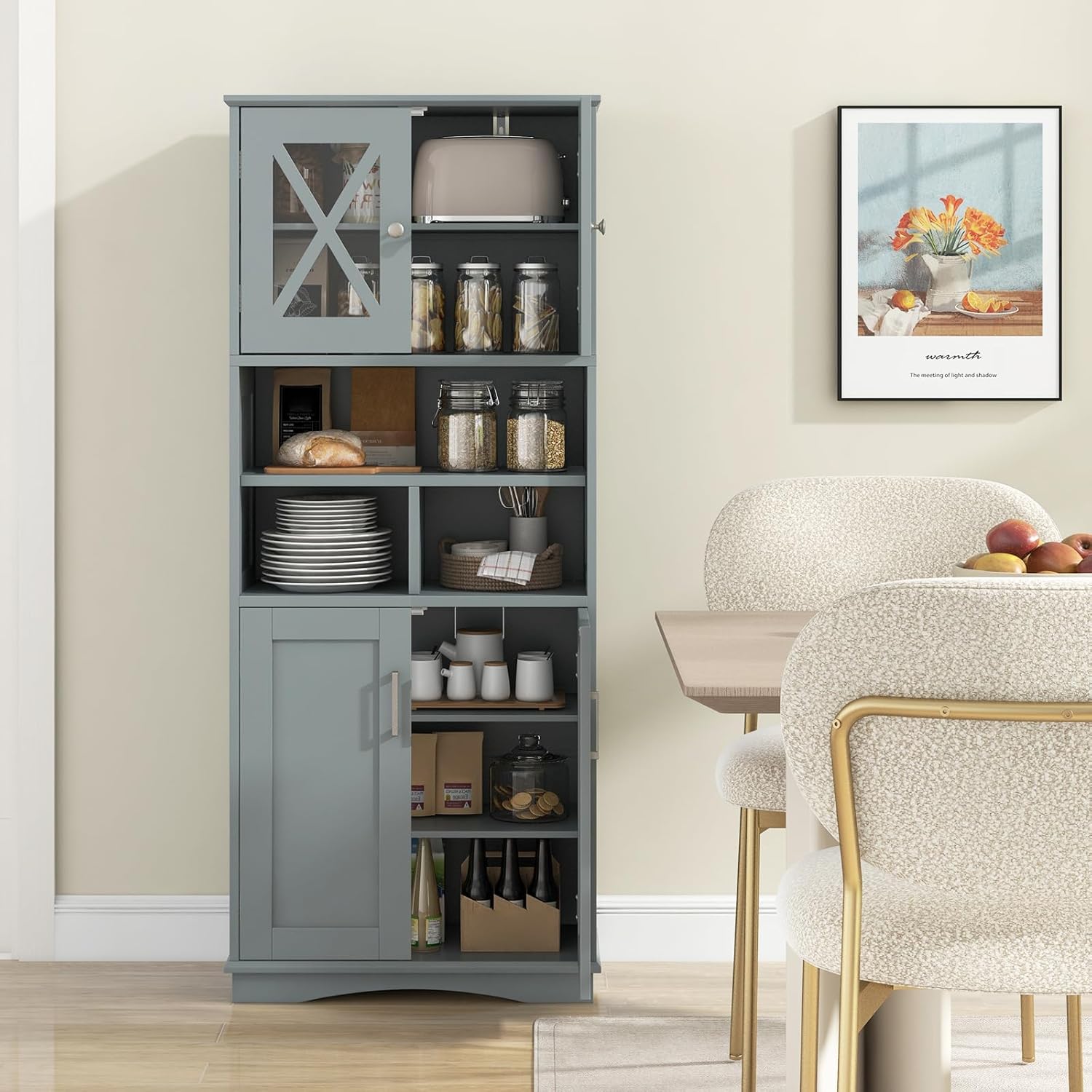 Grey Tallboy Bathroom Cabinet 4 Door Shelf Storage Unit