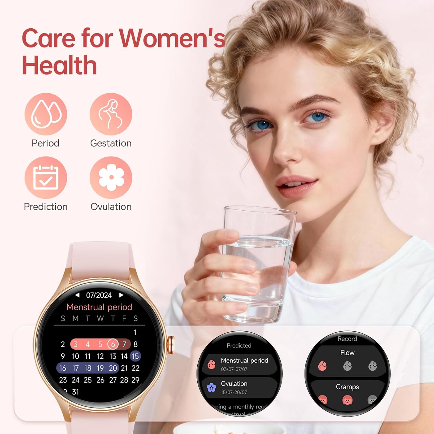 Pink Womens Smart Watch AI Voice Bluetooth Calls