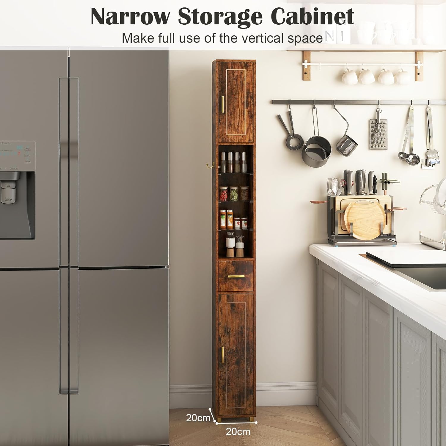 Tall Slim Bathroom Cabinet LED Lights Drawer Rustic Brown 180cm