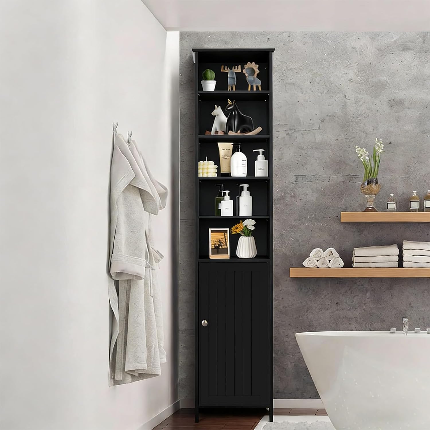 Slim Tall Bathroom Storage Cabinet 5 Shelf Cupboard Black