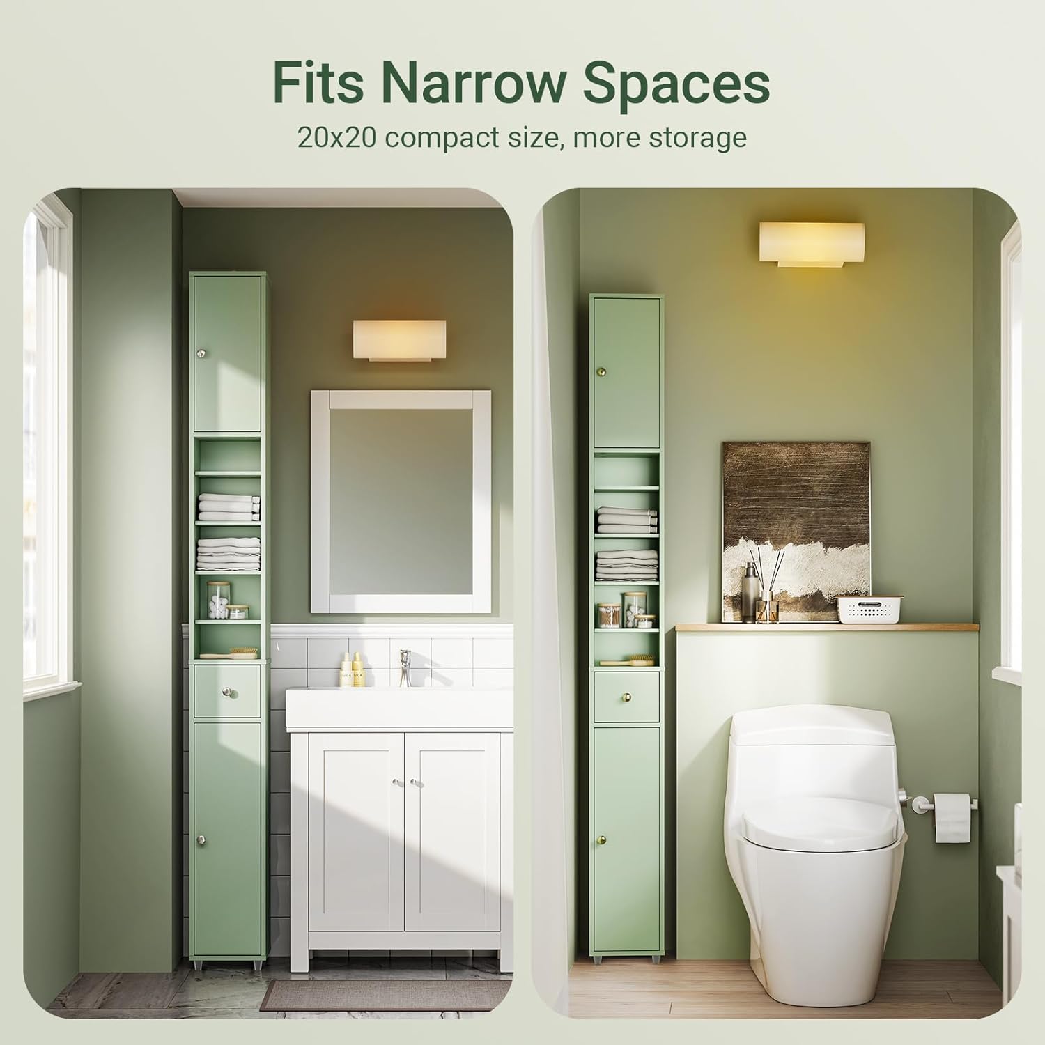 Slim Tall Bathroom Cabinet Light Green Drawer 180cm