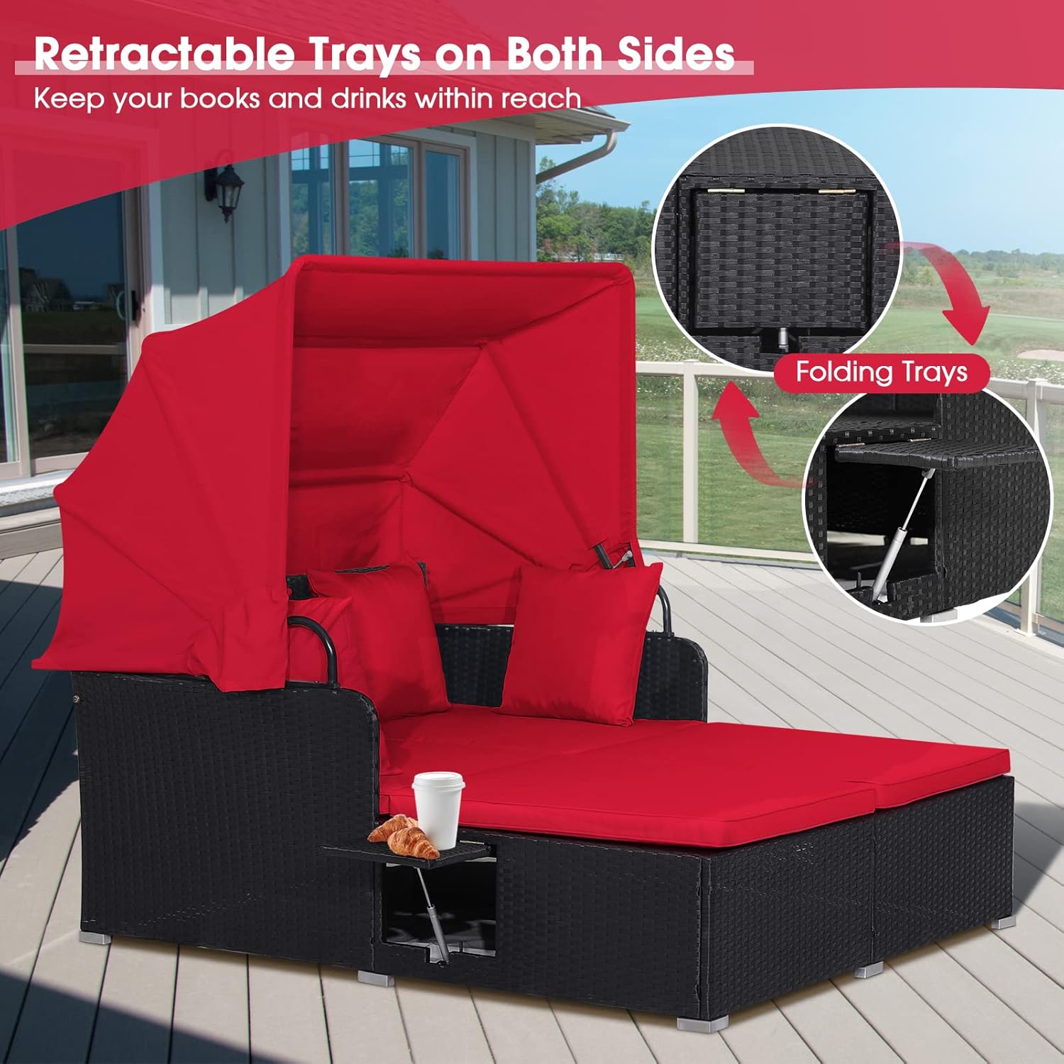 2 Seater Rattan Daybed Sunbed Canopy Side Tables Red