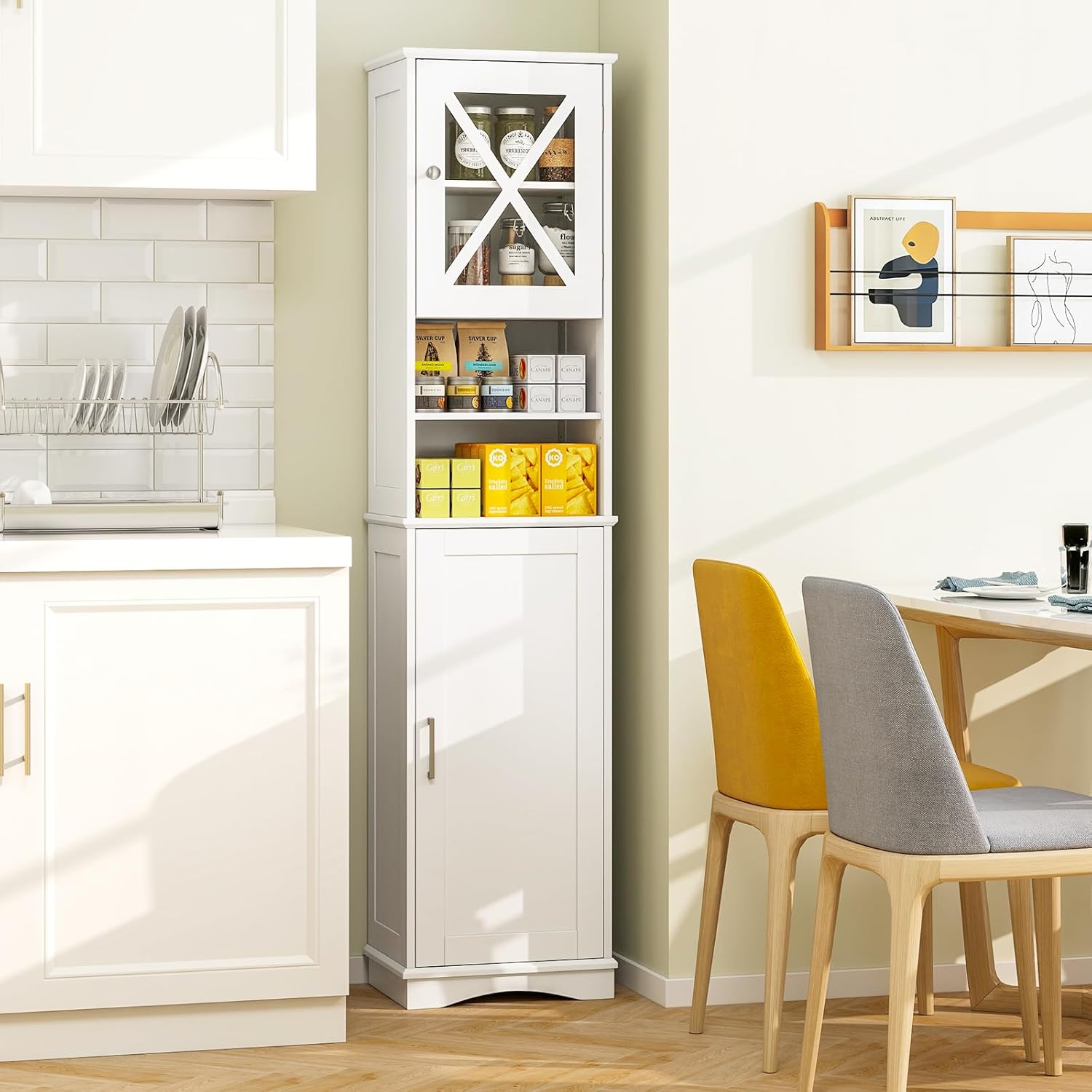 White Tallboy Bathroom Cupboard Open Shelf Storage Cabinet