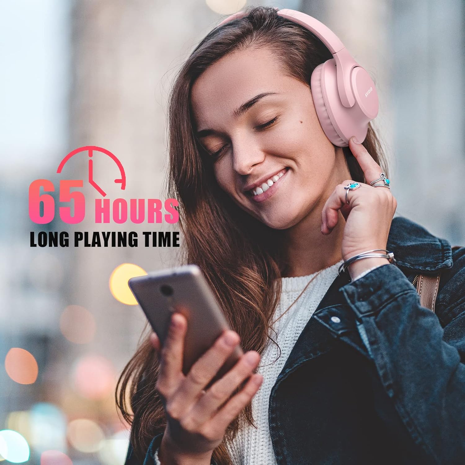Pink Bluetooth Over Ear Headphones 65H Playtime Foldable Deep Bass