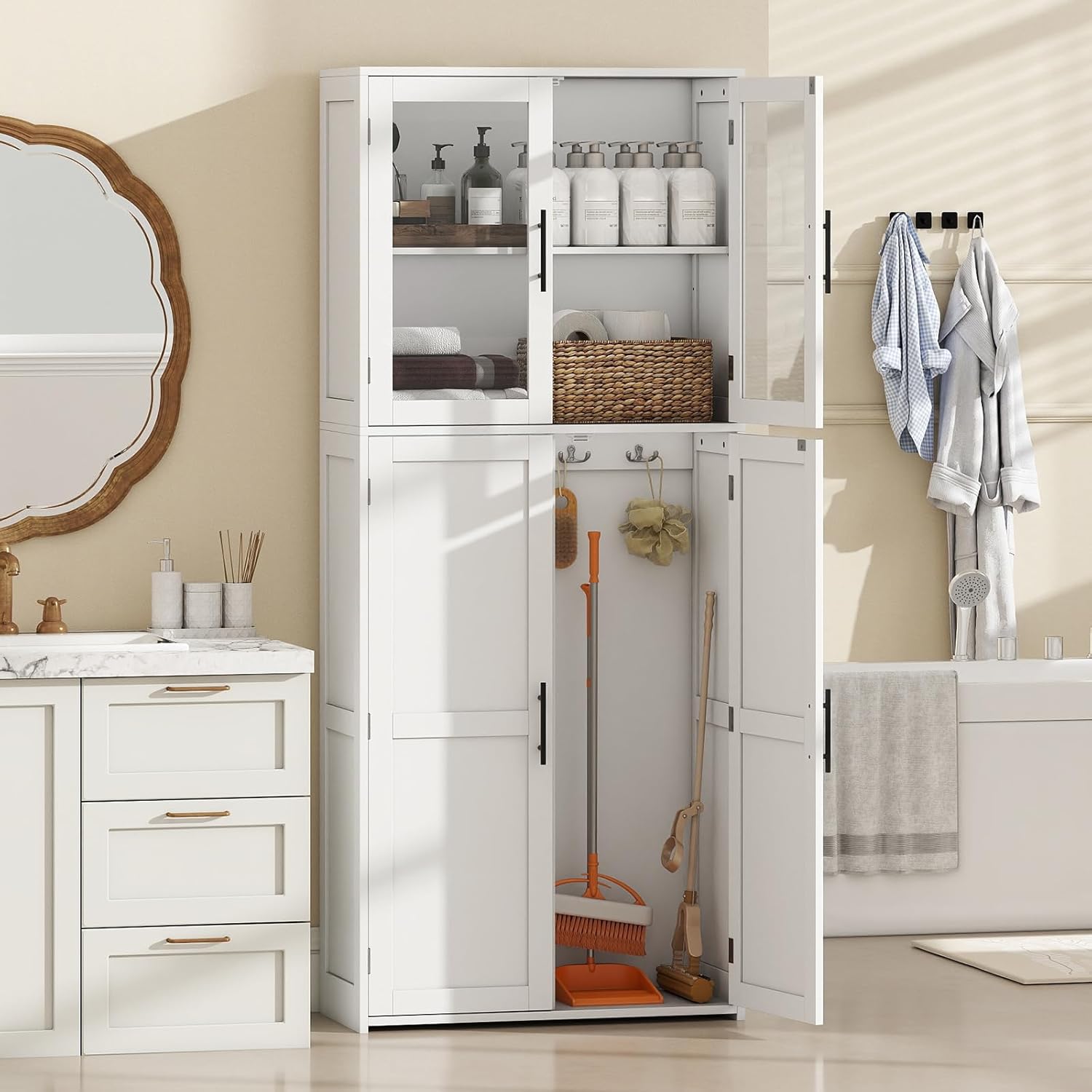Tall Storage Cabinet White Glass Door Hook Shelf Unit