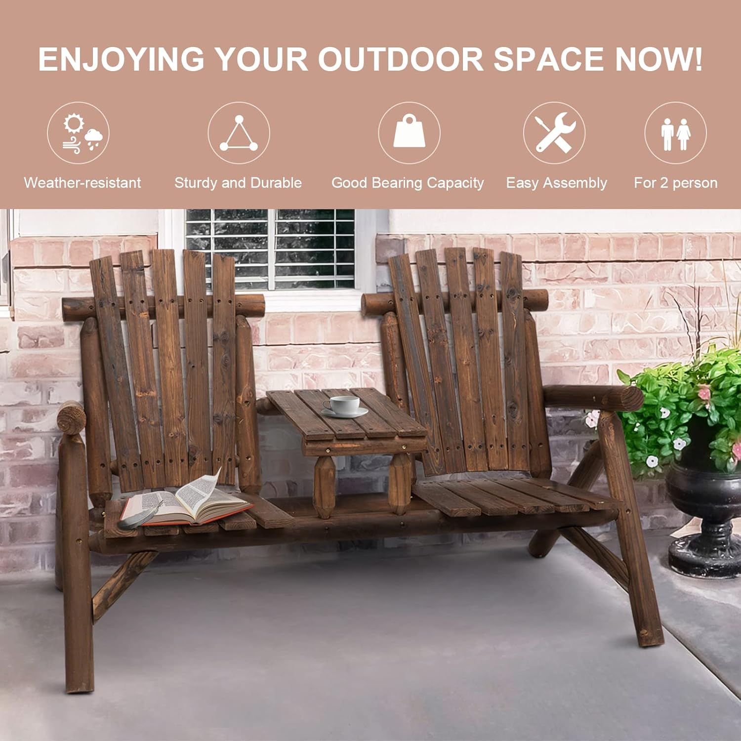 2 Seater Wooden Garden Bench with Centre Table Patio Seat