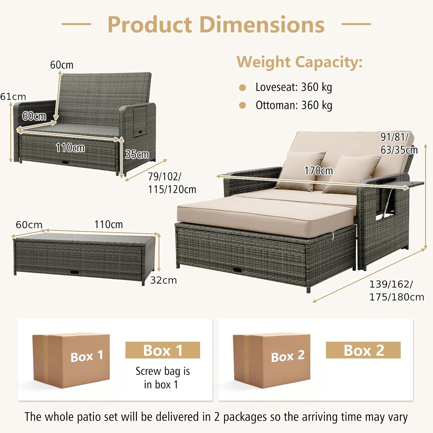 Patio Wicker Daybed Sun Lounger Sofa Storage Ottoman Beige Grey