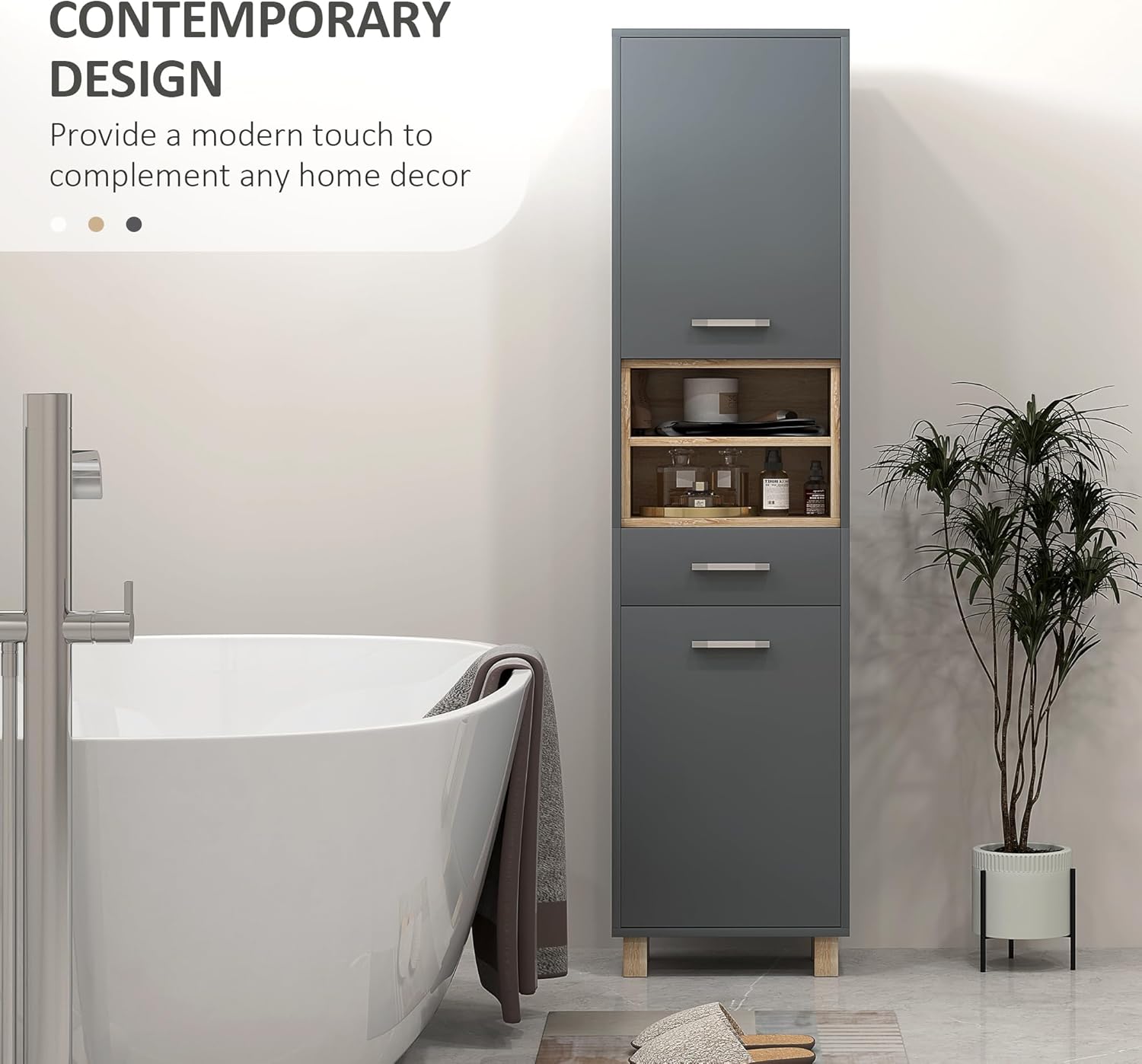 Tall Bathroom Storage Cabinet Grey Freestanding Shelves Drawer Unit