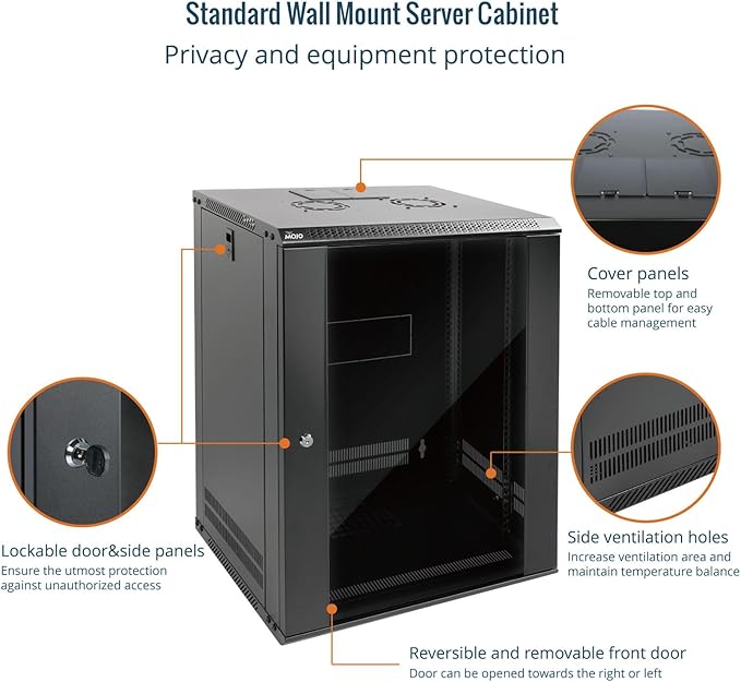 15U Wall Mount Server Cabinet 450mm Glass Door Black