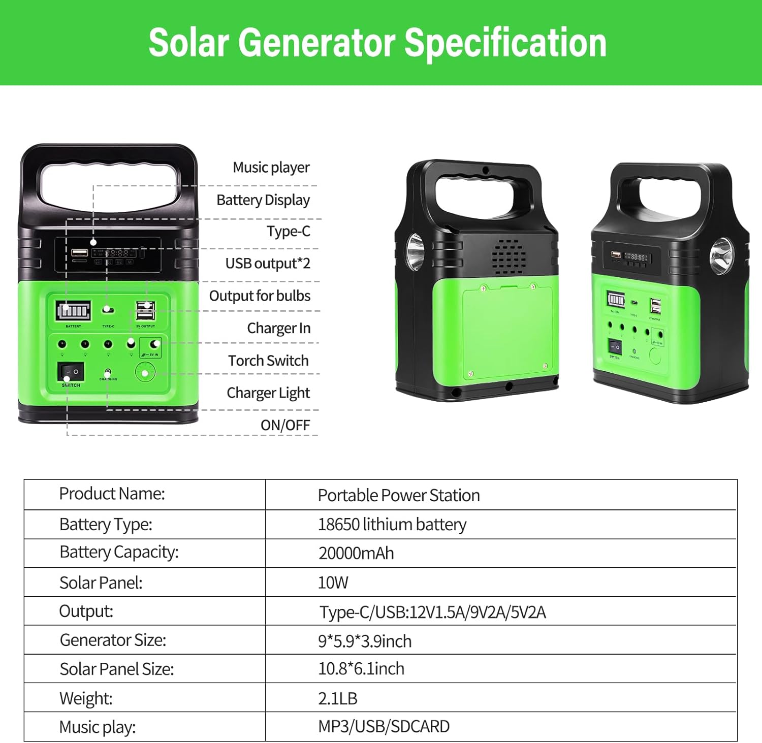 20000mAh Solar Power Bank Station 12V Portable Generator USB C