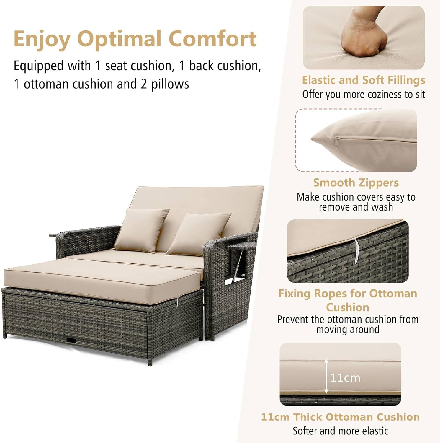 2 in 1 Rattan Daybed Sun Lounger Beige Grey