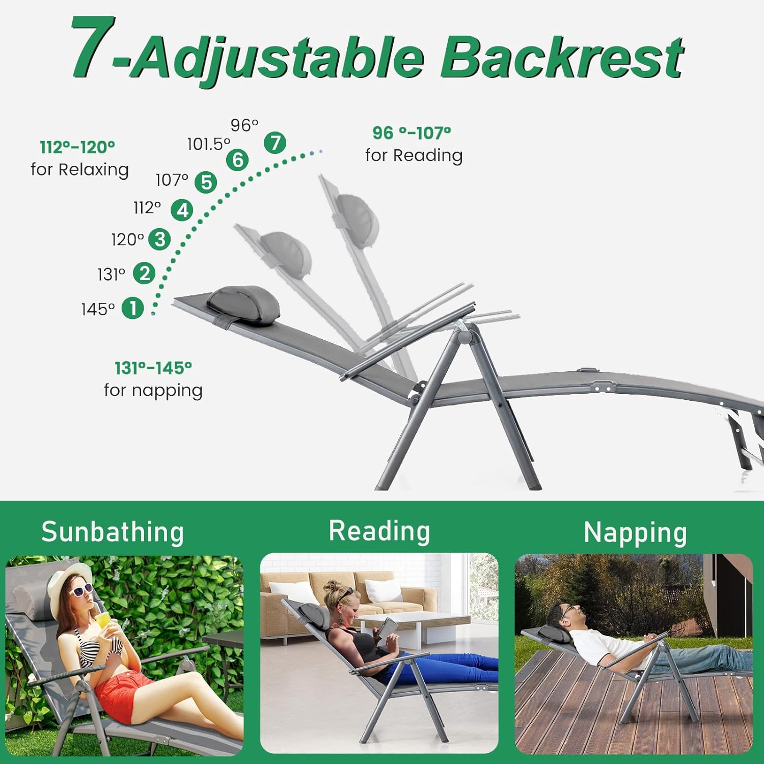 Portable Reclining Sunbed Chair 7 Position Grey