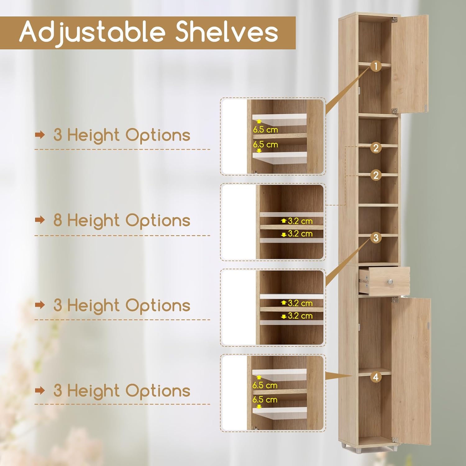 Tall Bathroom Storage Cabinet Slim Floor Standing Shelf Drawer Unit