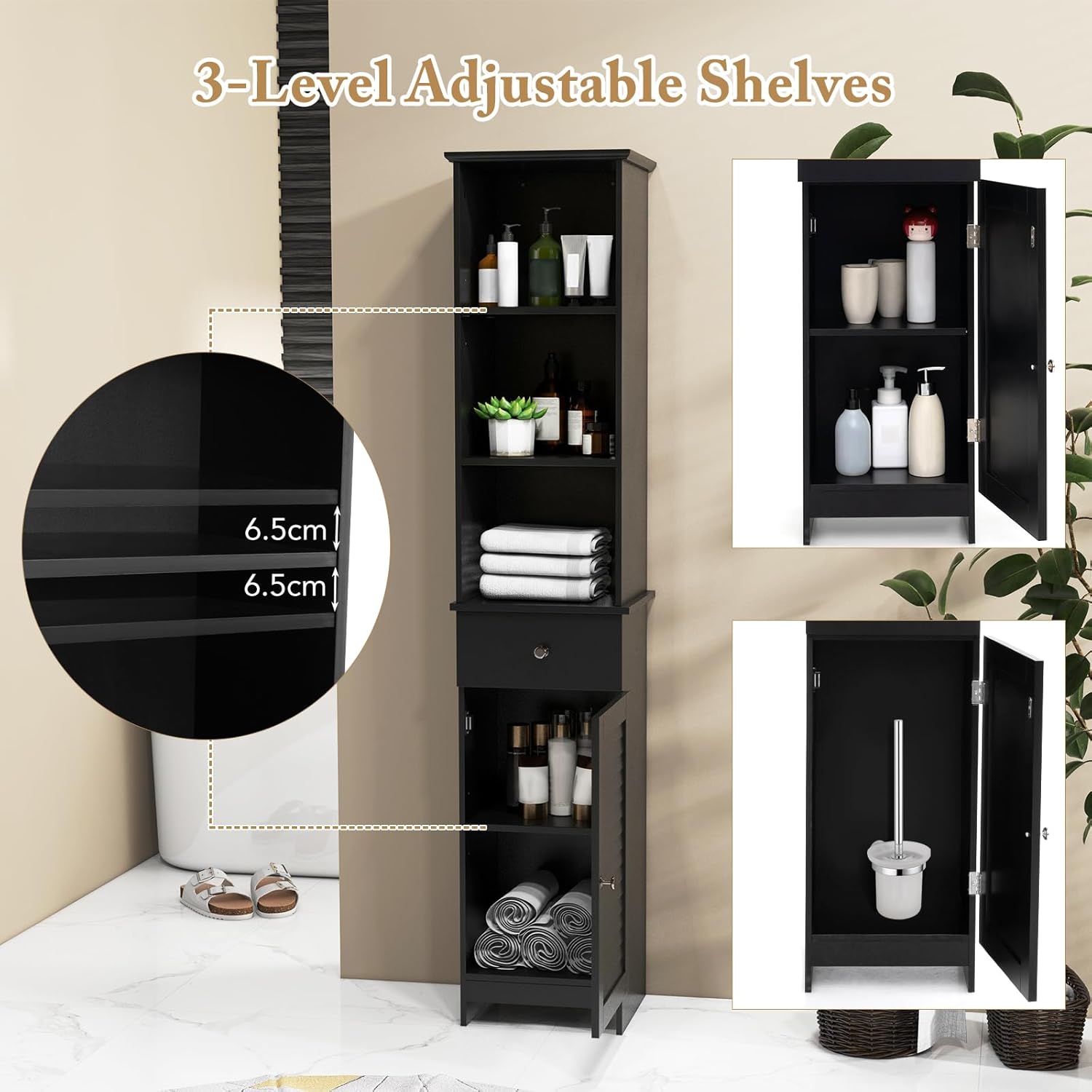 Slim Bathroom Tall Cabinet Drawer Door Shelf Unit Black