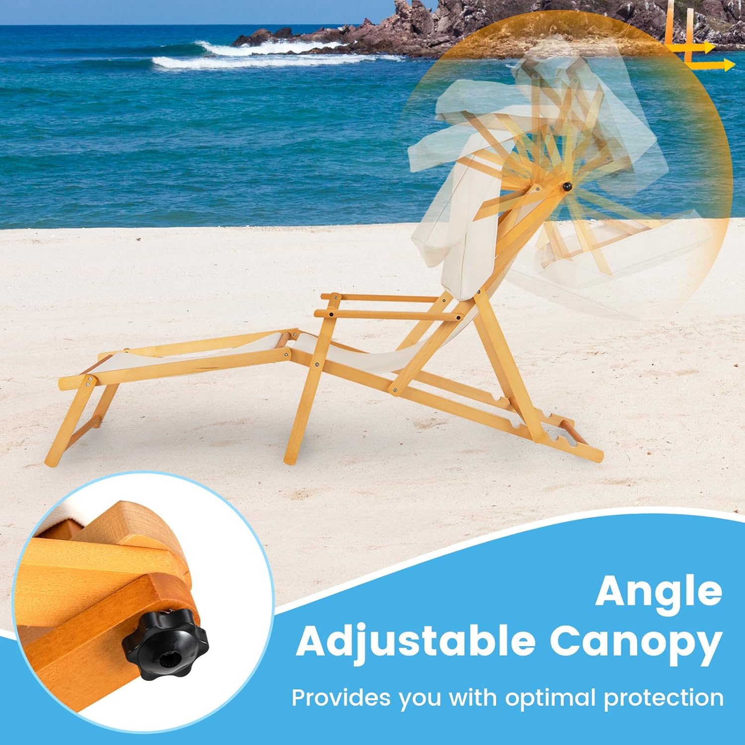 Foldable Wooden Sun Lounger with Canopy Recliner Beige