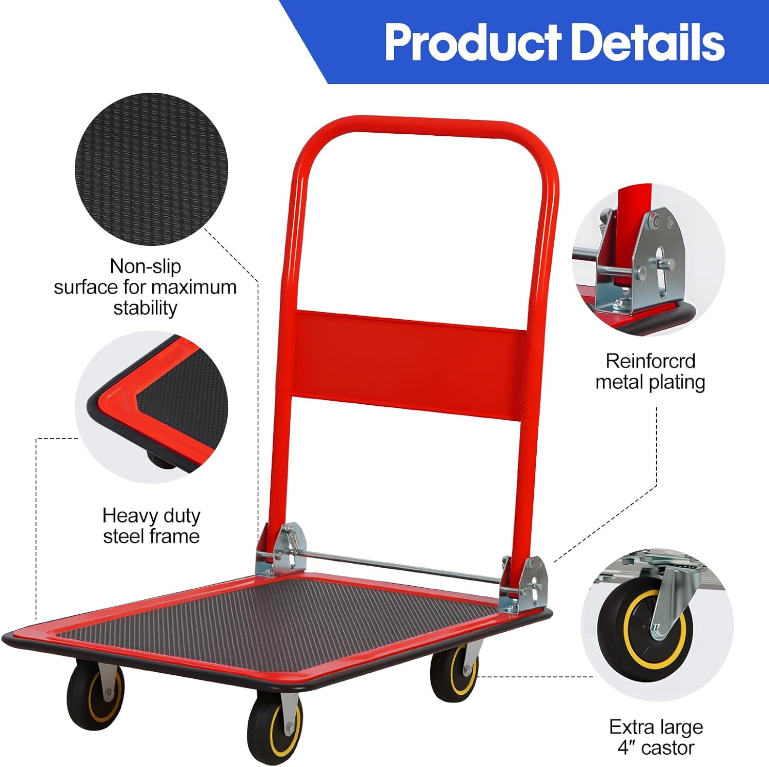 Heavy Duty Foldable Platform Trolley 150KG Push Hand Cart Red