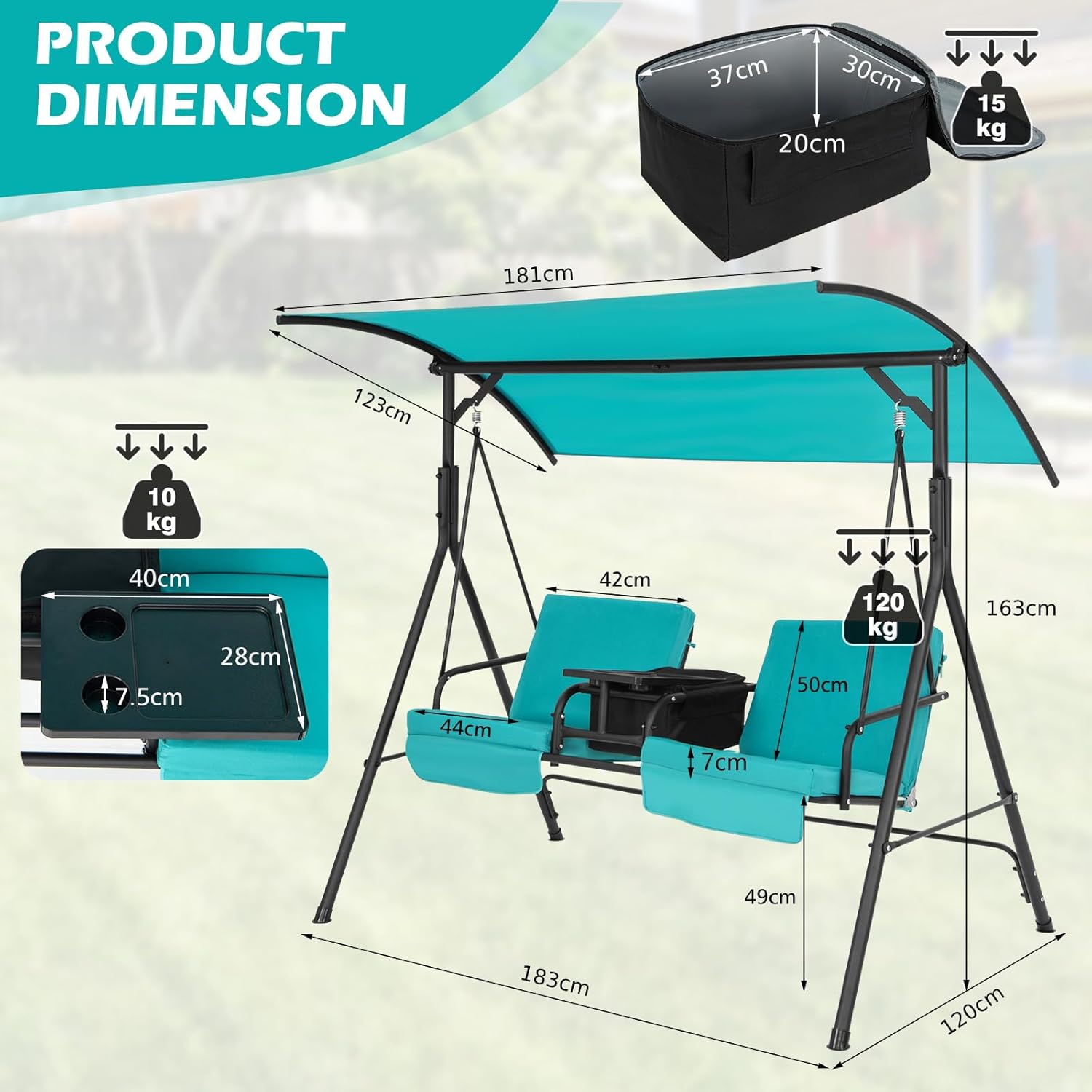 2 Seater Swing Chair Canopy Cooler Tray Turquoise