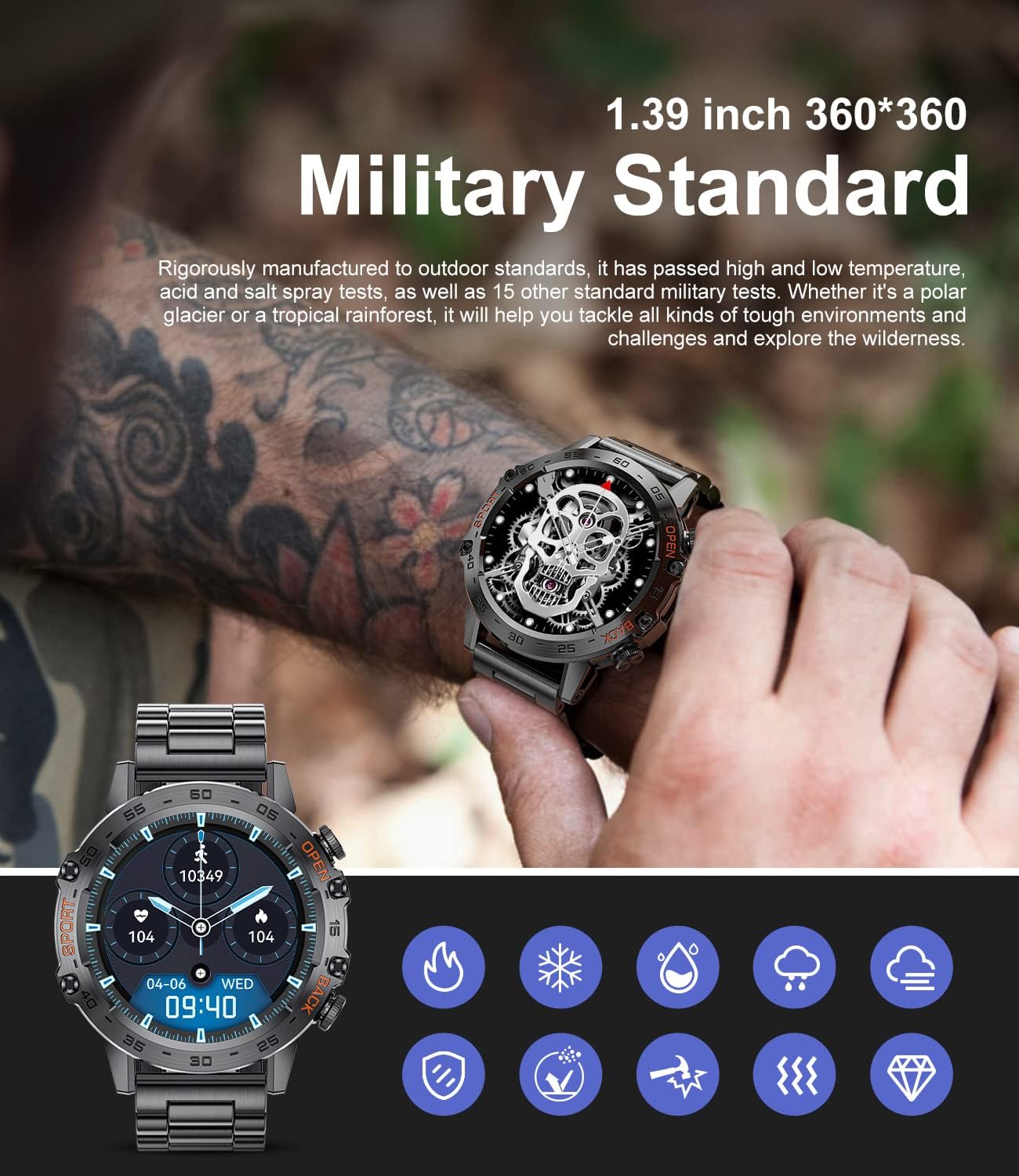Military Smart Watch Bluetooth Call 100 Sports IP67