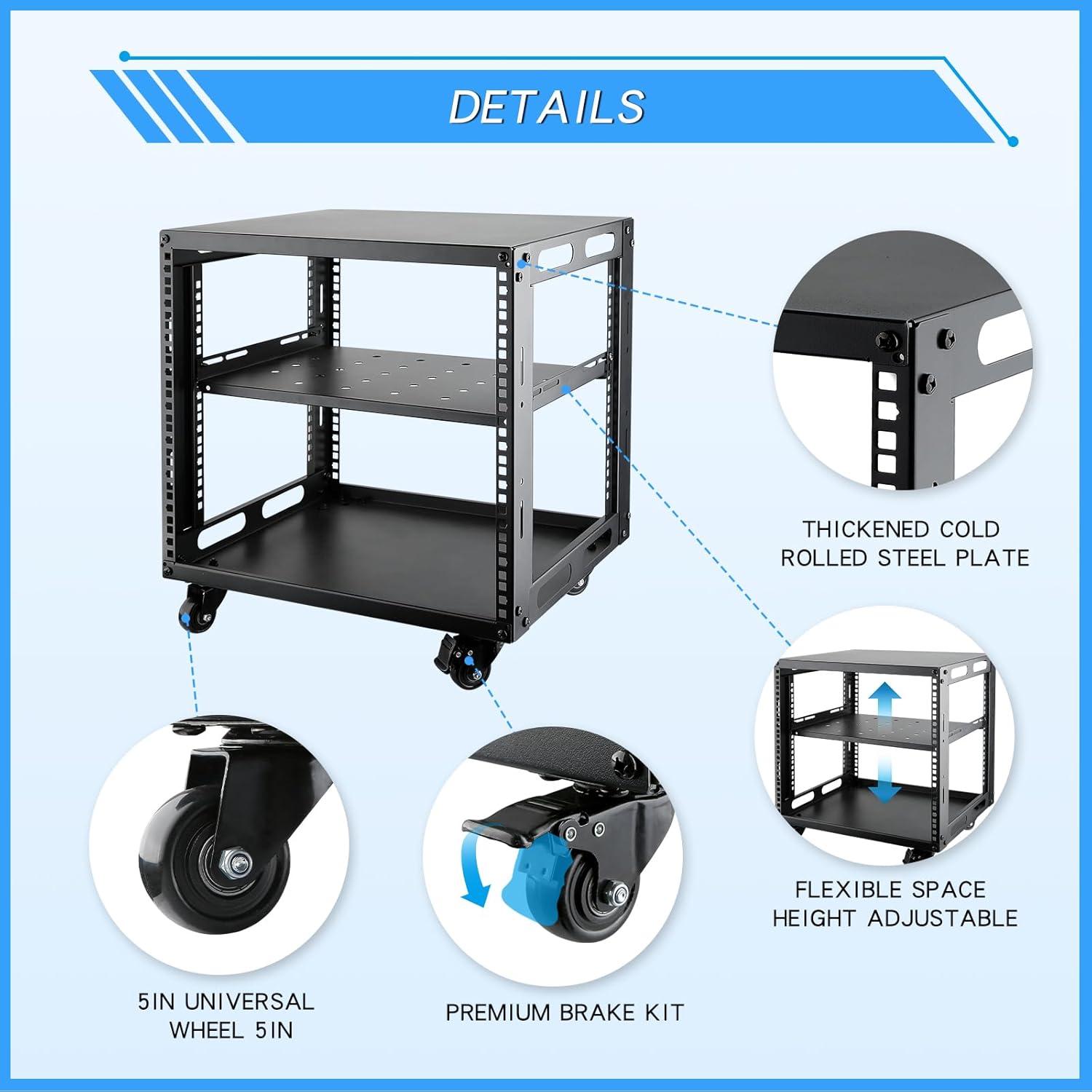 9U Open Frame Server Rack with Wheels 4 Post Mobile Stand