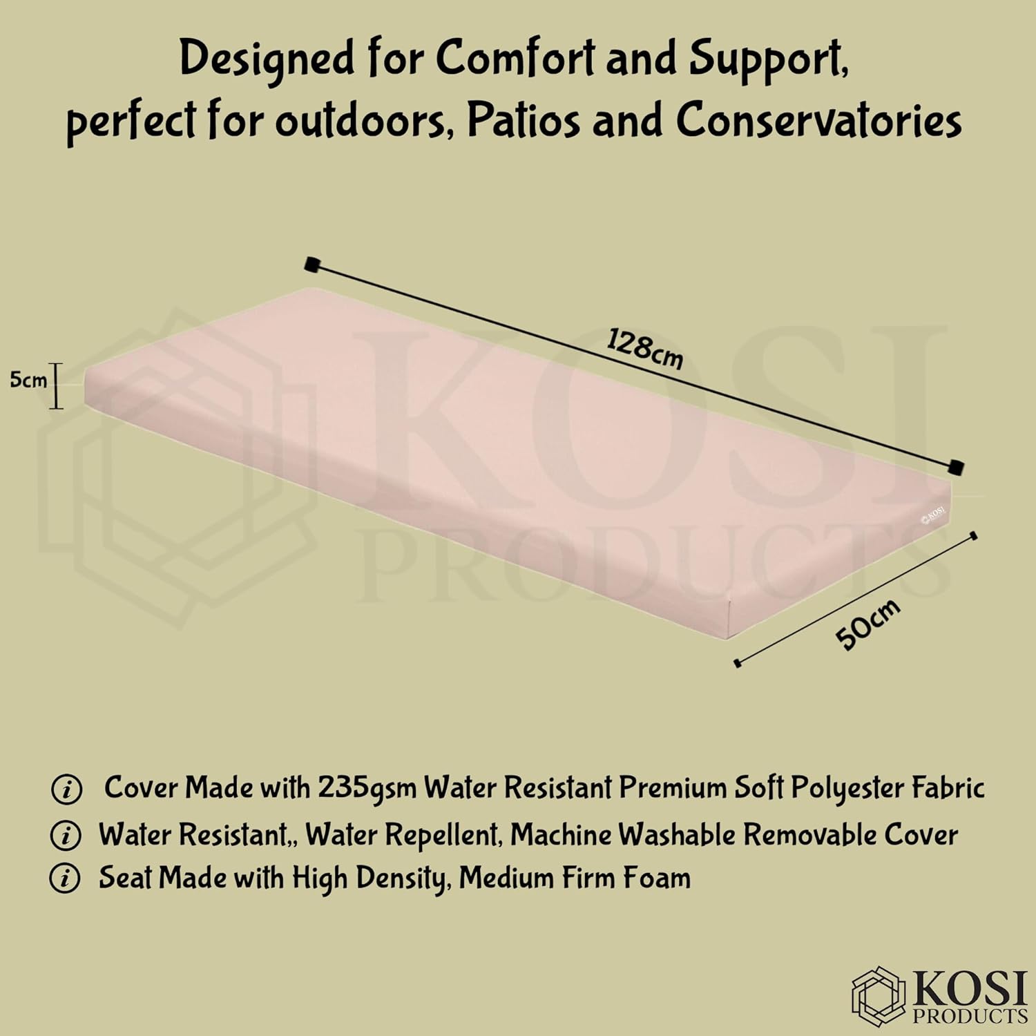 2 Seater Garden Bench Cushion 128x50cm Outdoor Seat Pad Beige