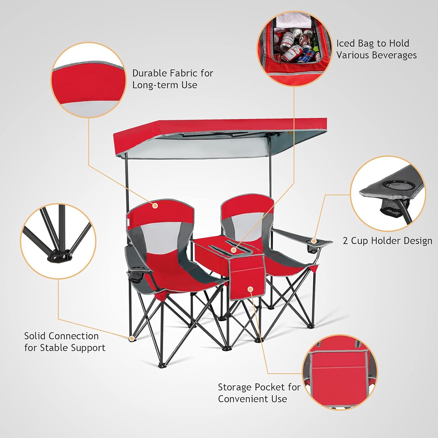 Red Double Camping Chair with Canopy 2 Seater