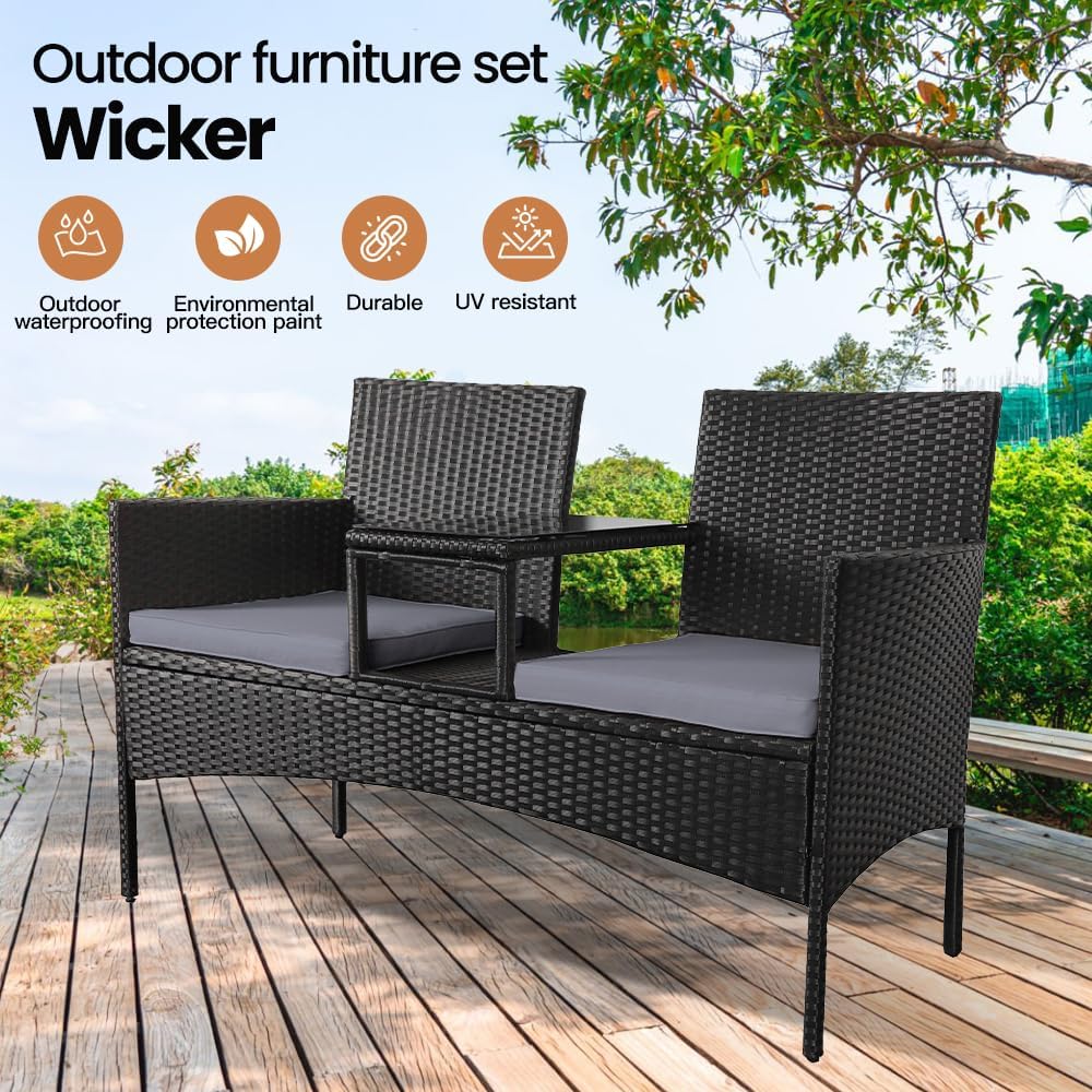 2 Seater Rattan Garden Bench w/Glass Table Patio Loveseat