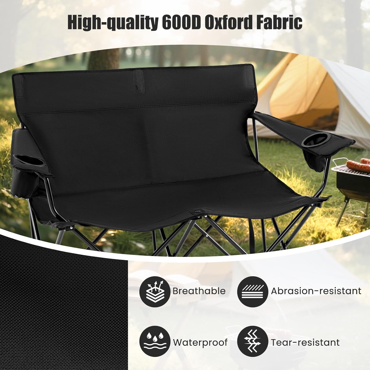 Double Camping Loveseat Chair 300KG Foldable Black