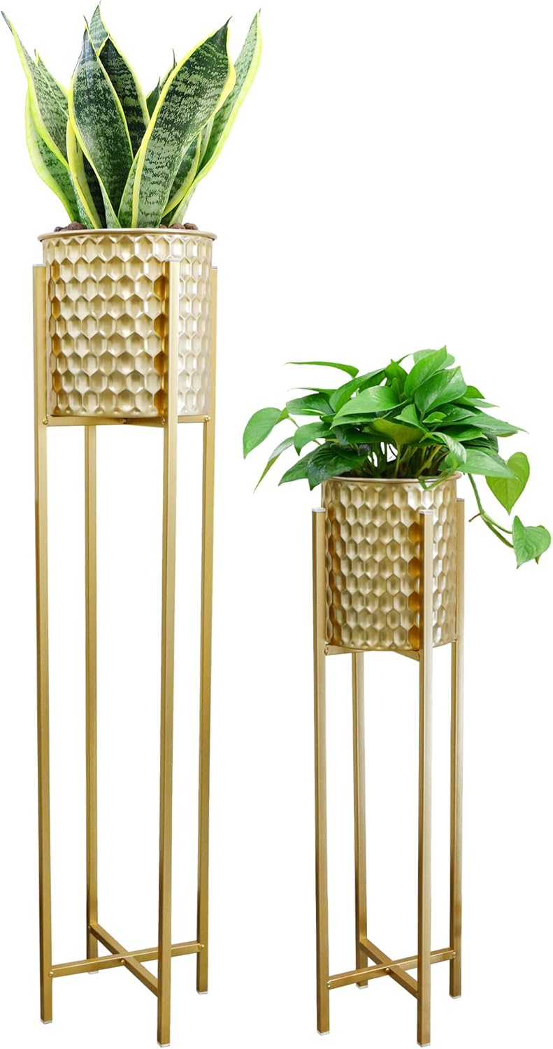 Tall Gold Planters with Stand Set of 2 105cm 75cm Honeycomb