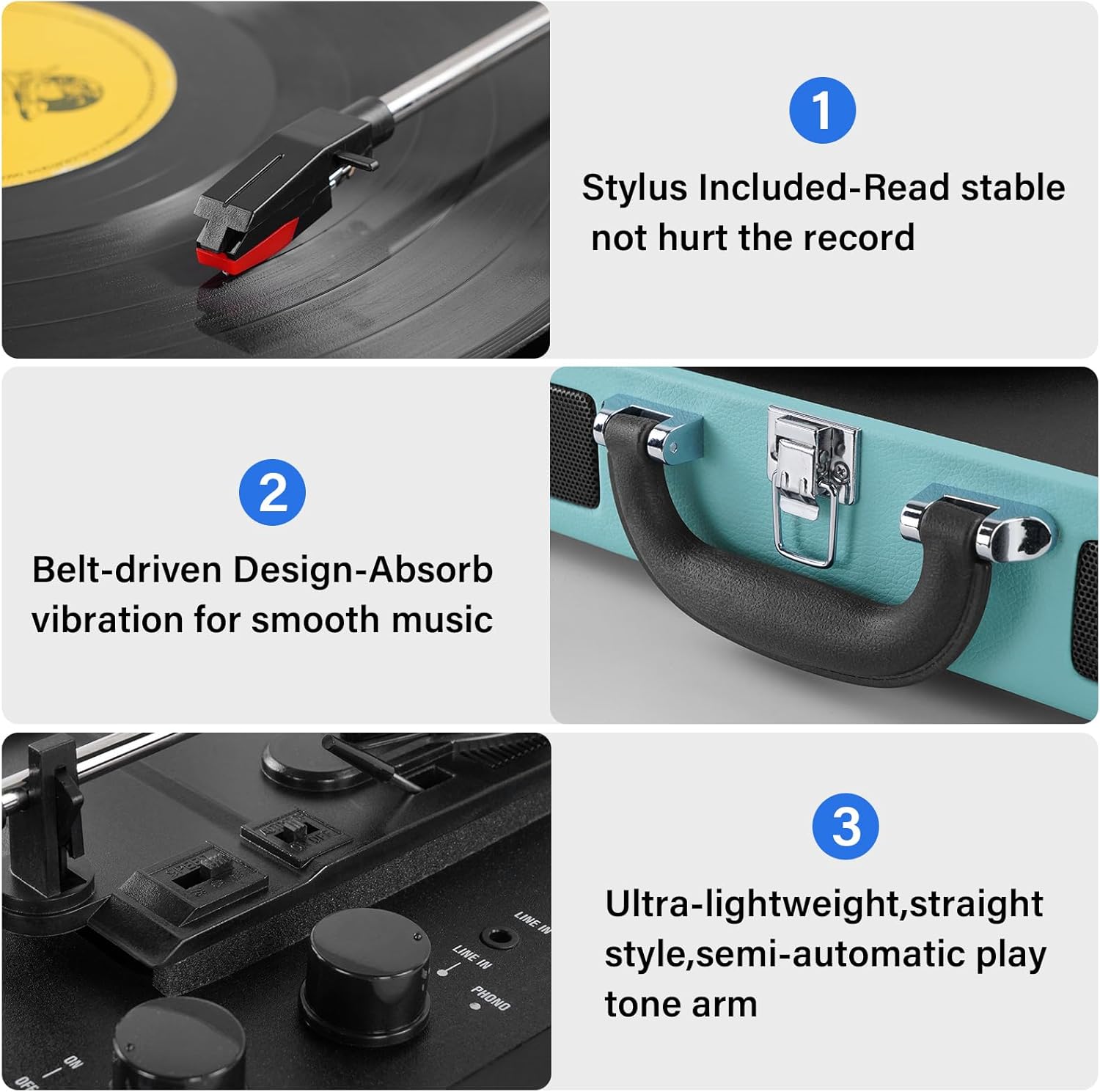 3-Speed Bluetooth Vinyl Turntable Record Player with Built-in Speakers
