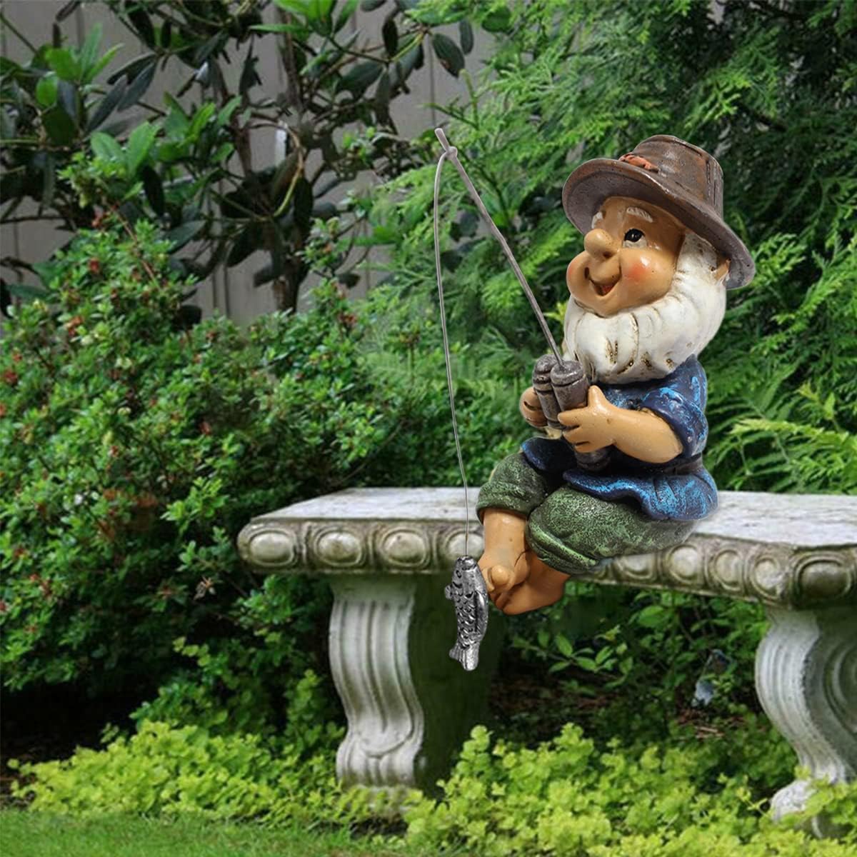 Fishing Garden Gnome Statue Small Resin Outdoor Patio Decor