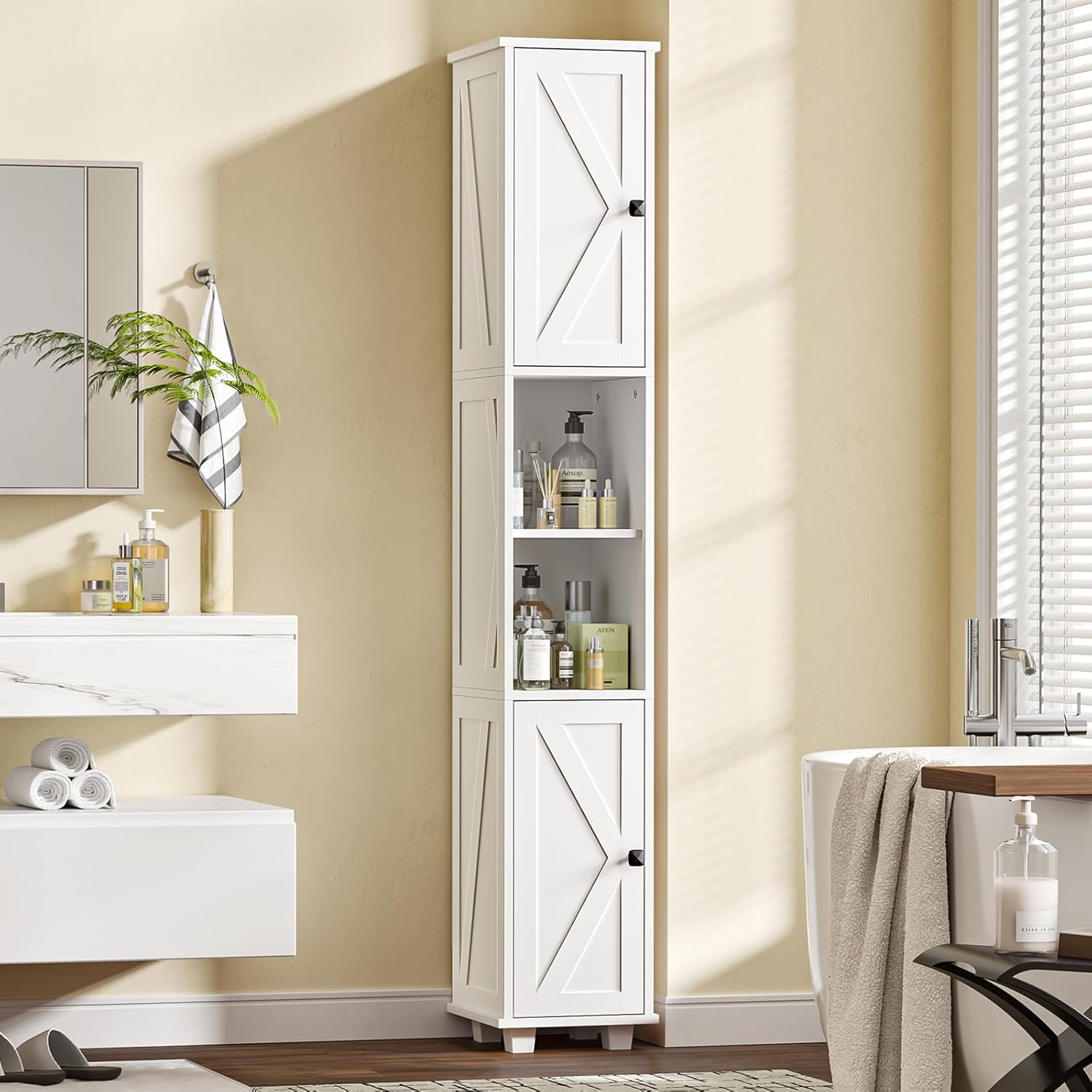 Slim Tall Storage Cabinet 6 Shelf 2 Door Unit White