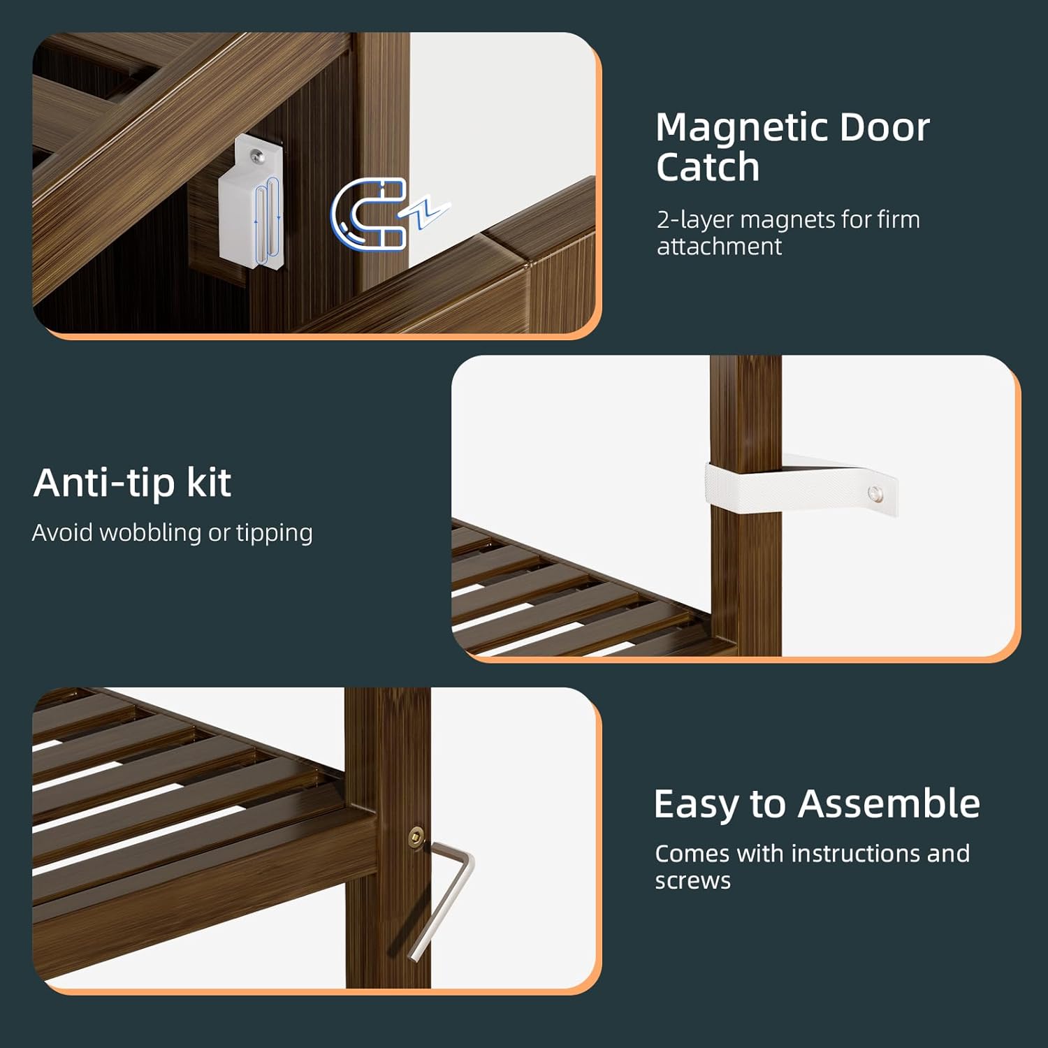 Bamboo Tall Storage Cabinet Walnut Open Shelf Door Unit