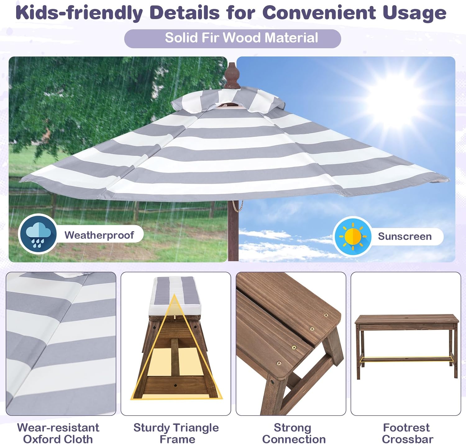 Kids Wooden Picnic Table Bench Set w/Umbrella Cushions