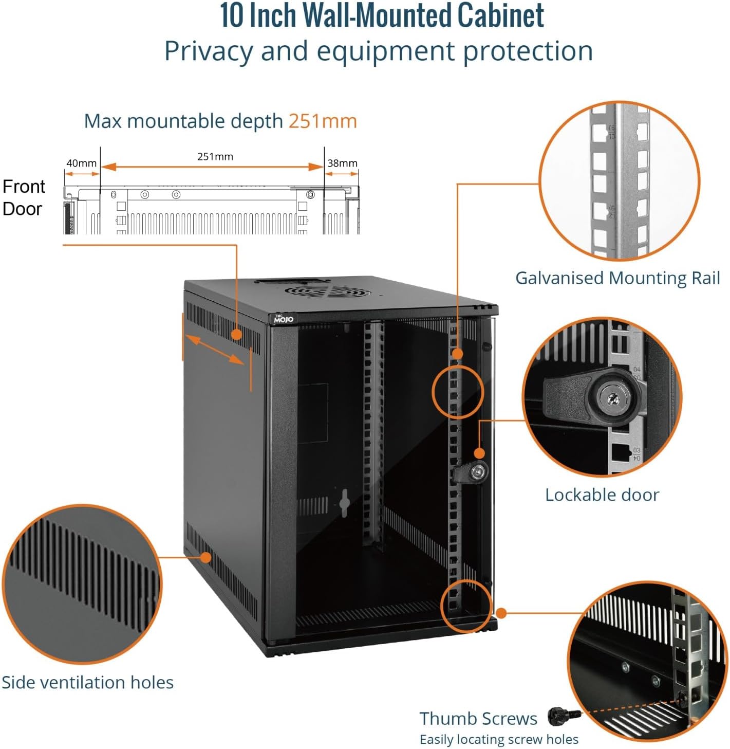 9U 10 Inch Wall Mount Data Cabinet Glass Door Black