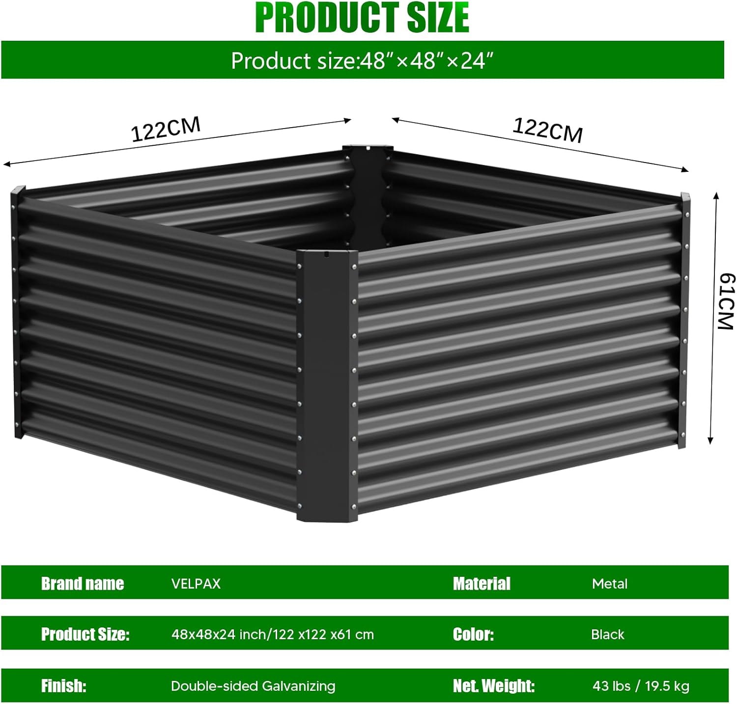 Large Metal Raised Garden Bed 122cm Black Steel Planter