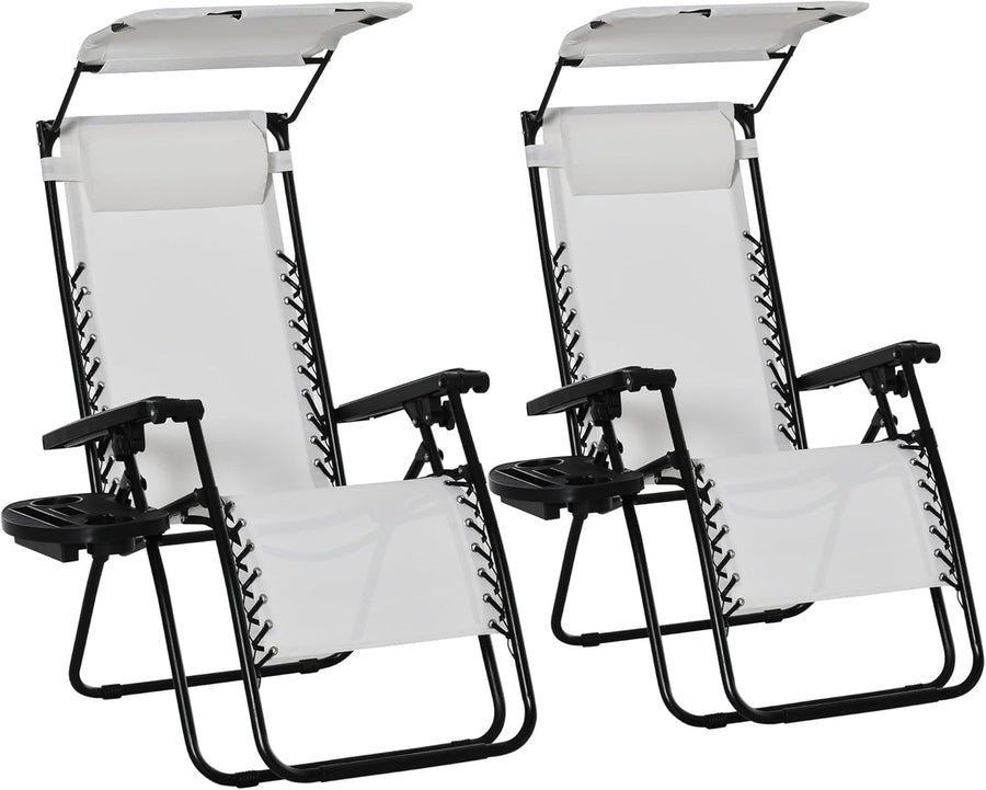2 Zero Gravity Sun Lounger Chairs Foldable with Canopy White