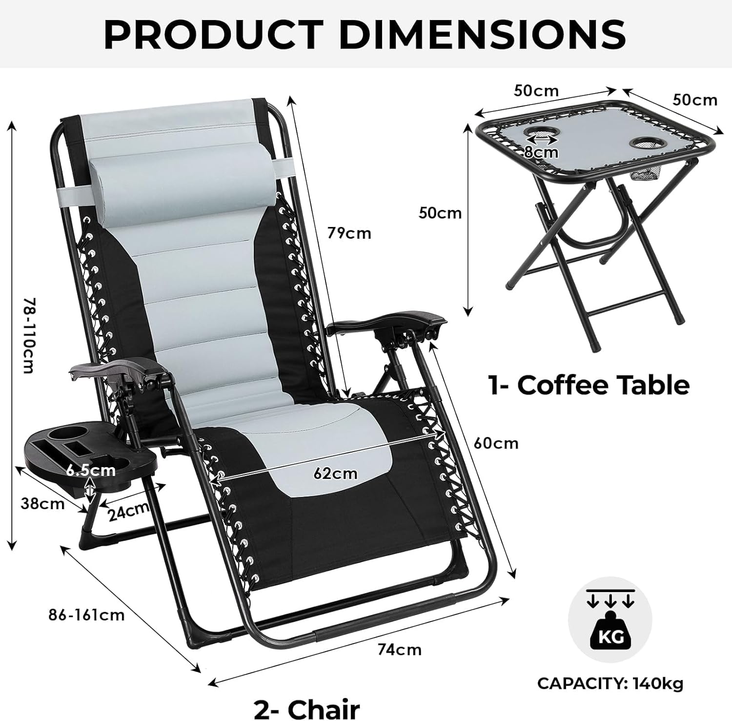 Set of 3 Zero Gravity Sun Loungers Grey with Table