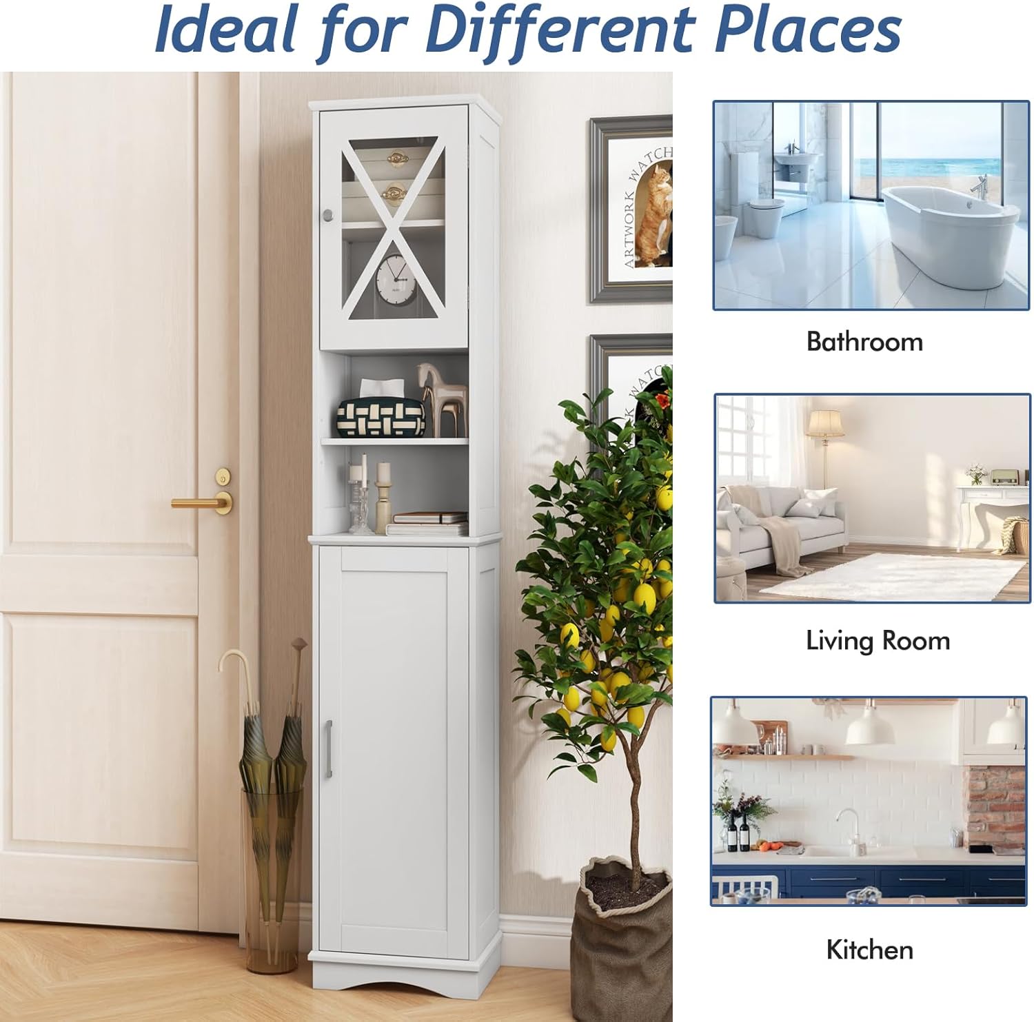 Tall Bathroom Storage Cabinet 2 Door Shelf Unit White