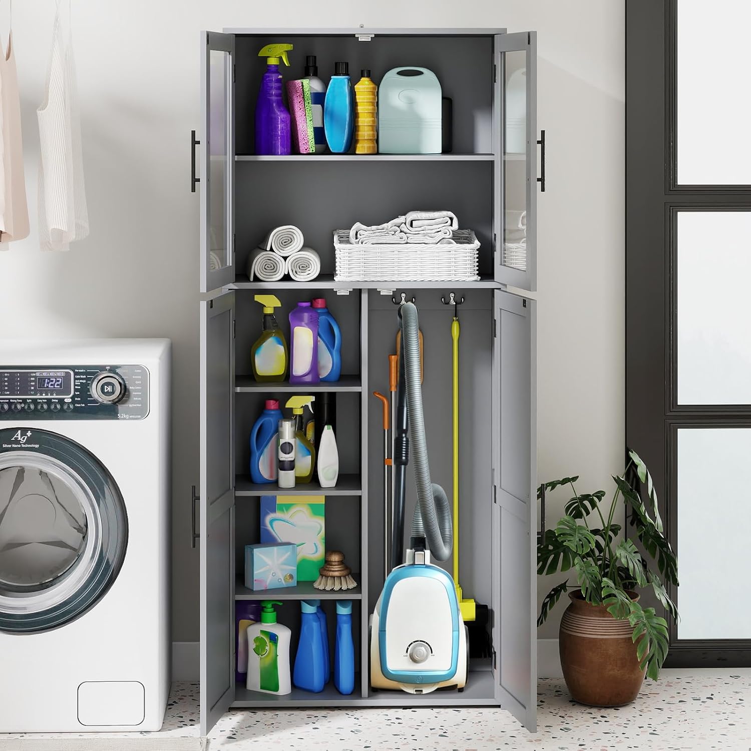 Tall Storage Cabinet Grey Glass Door Hook Shelf Unit