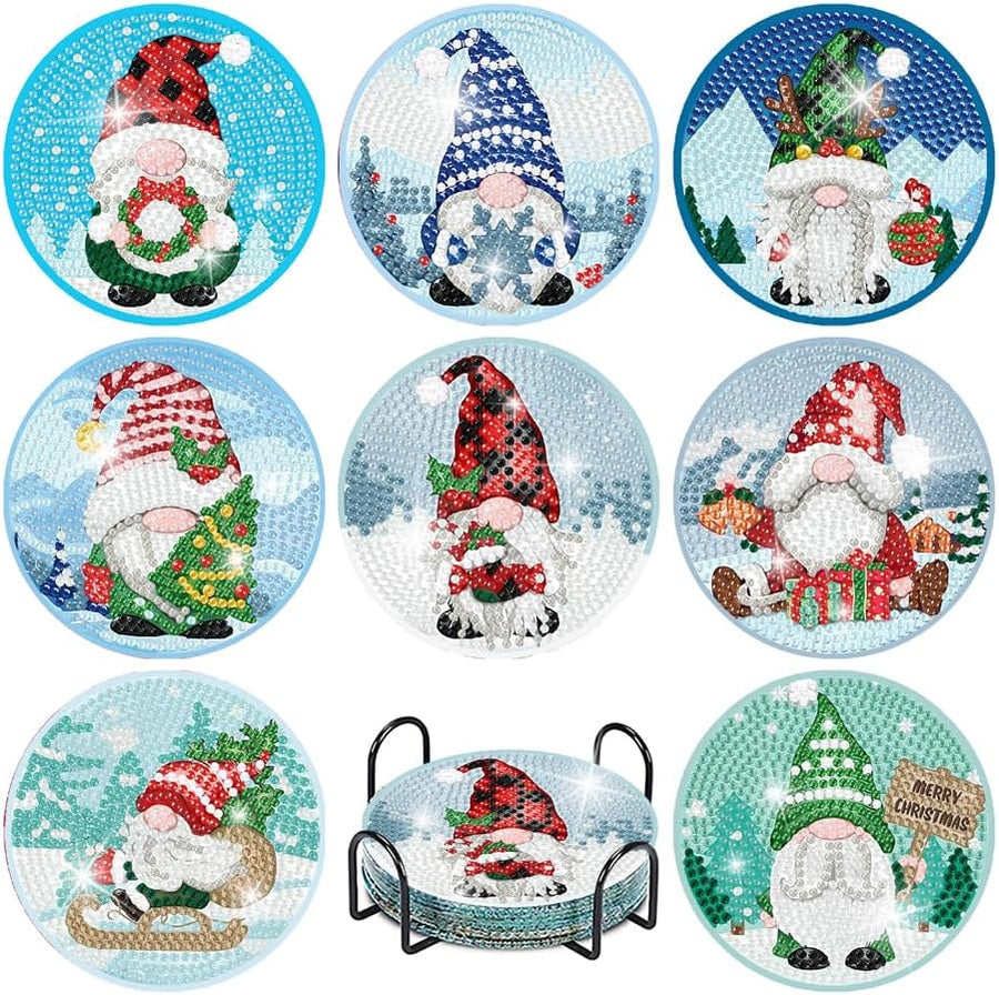 8Pcs Christmas Diamond Art Coasters Kit Gnome DIY Craft Set